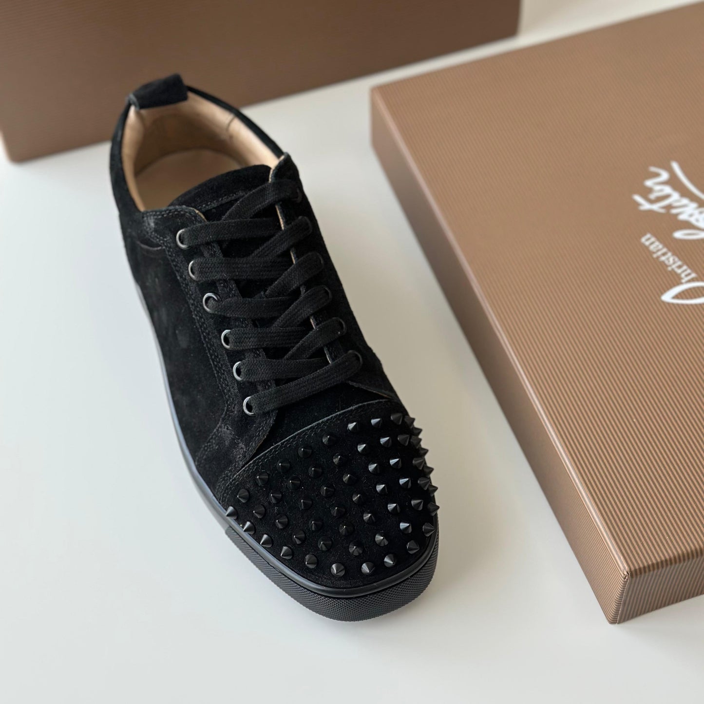 Christian Louboutin Vieira 2 Sneakers – Black Veau Velours with Glossy Spike Embellishments
