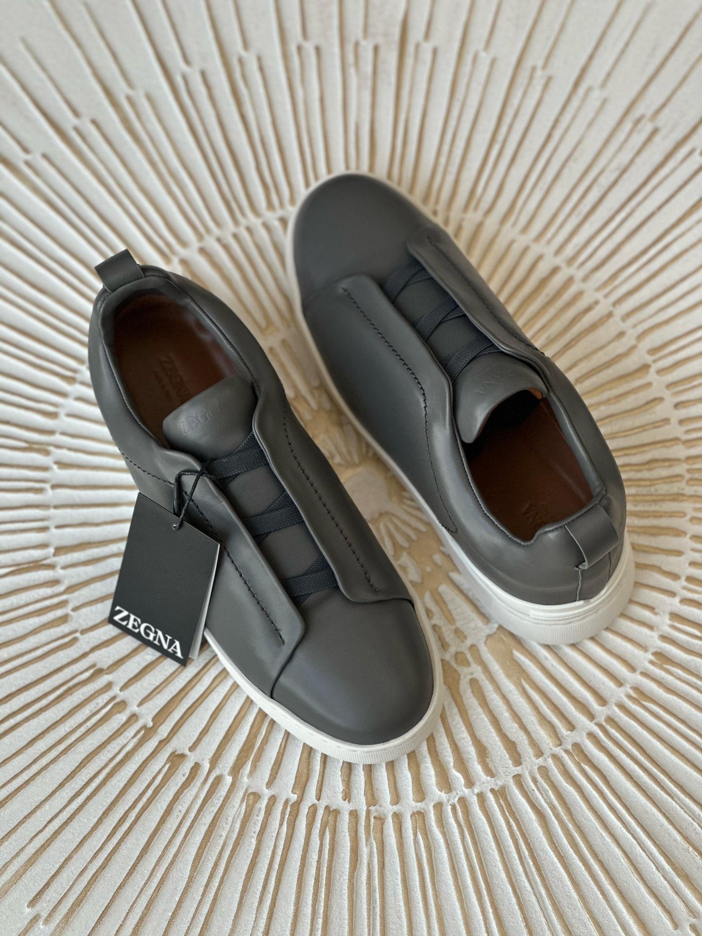 Zegna Triple Stitch Leather Sneakers | Carbon Black