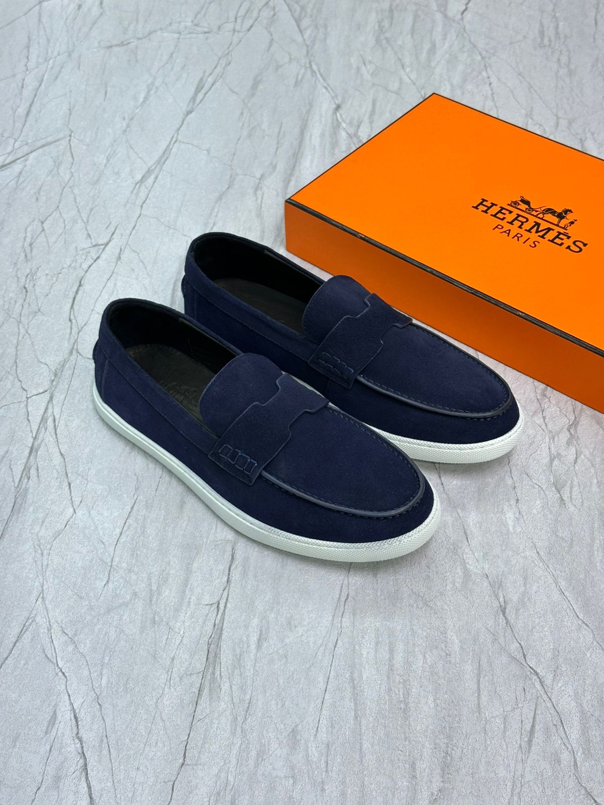 Hermès Job Loafer in Blue Suede Goatskin – Casual Urban Luxury with H Cut-Out Detail