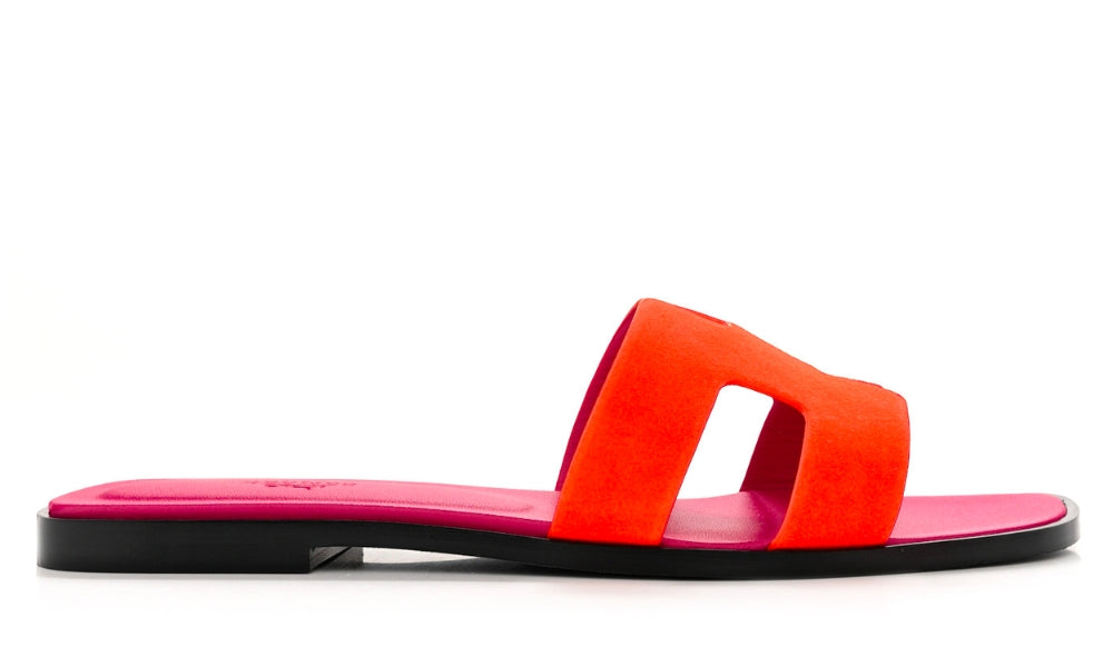 HERMES Suede Goatskin Oran Sandals Orange Synthetique