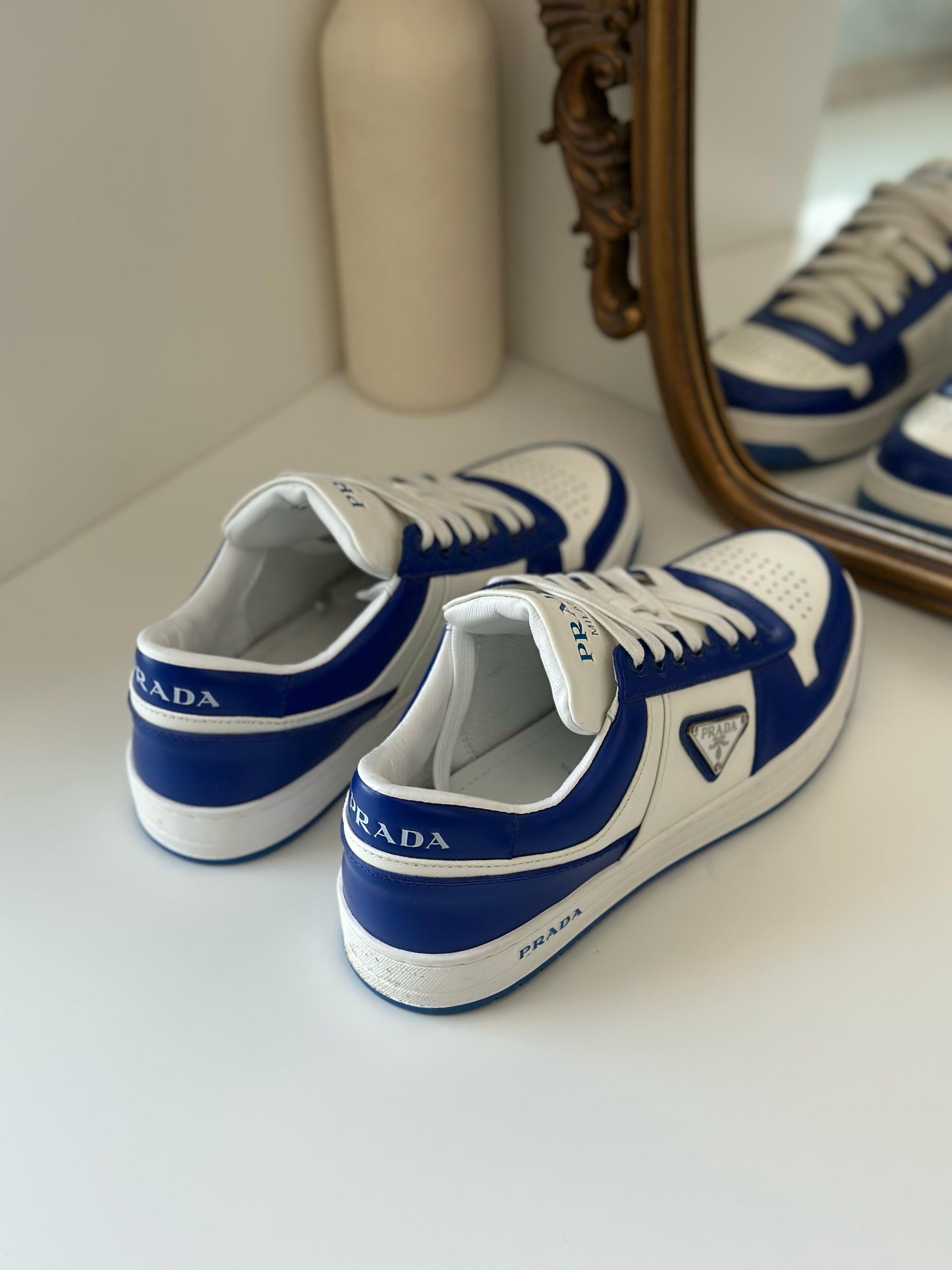 Prada Downtown Sneakers – White & Blue Calf Leather 2EE364