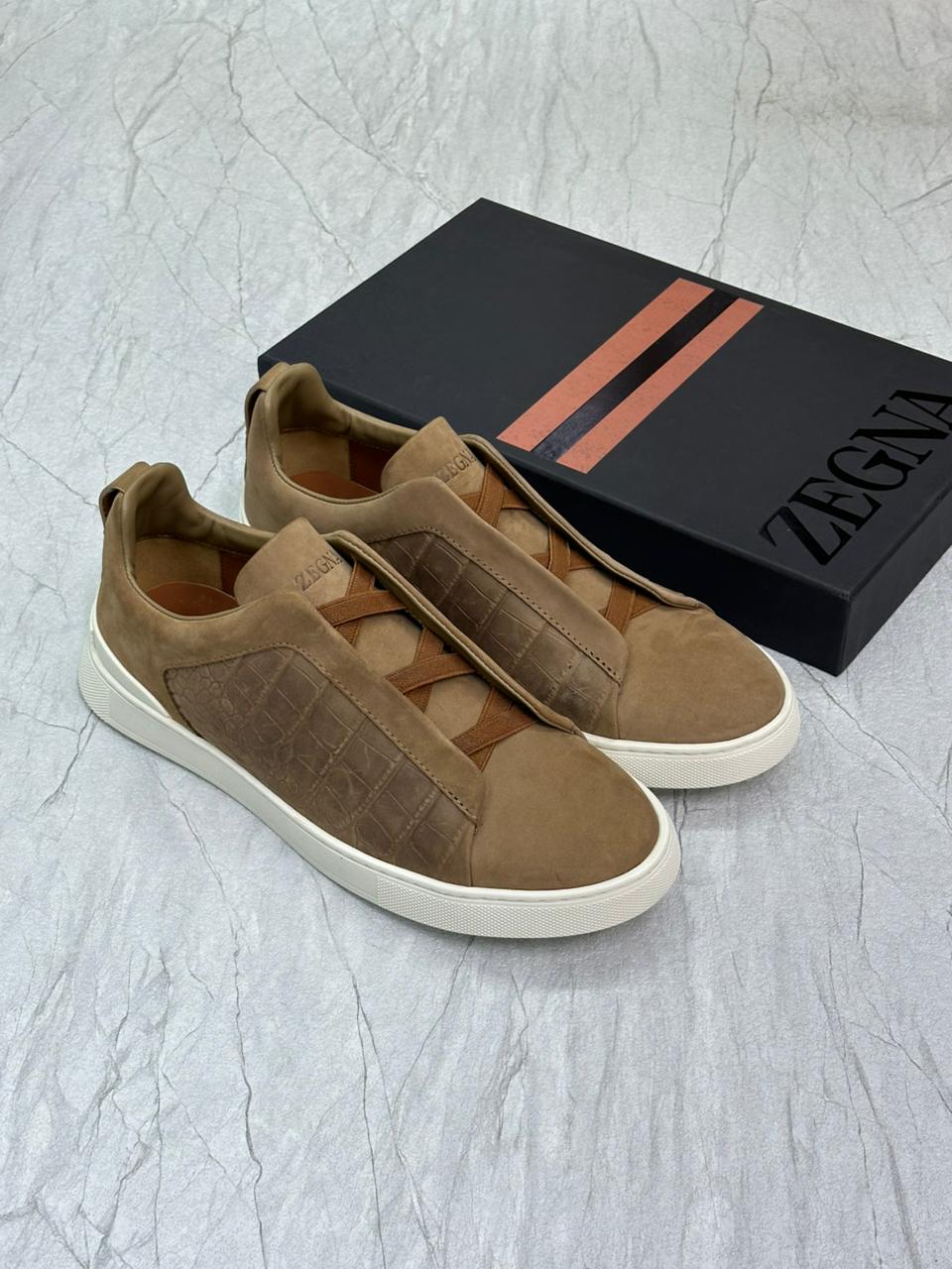 Zegna Brown Crocodile Leather Triple Stitch SECONDSKIN Sneakers