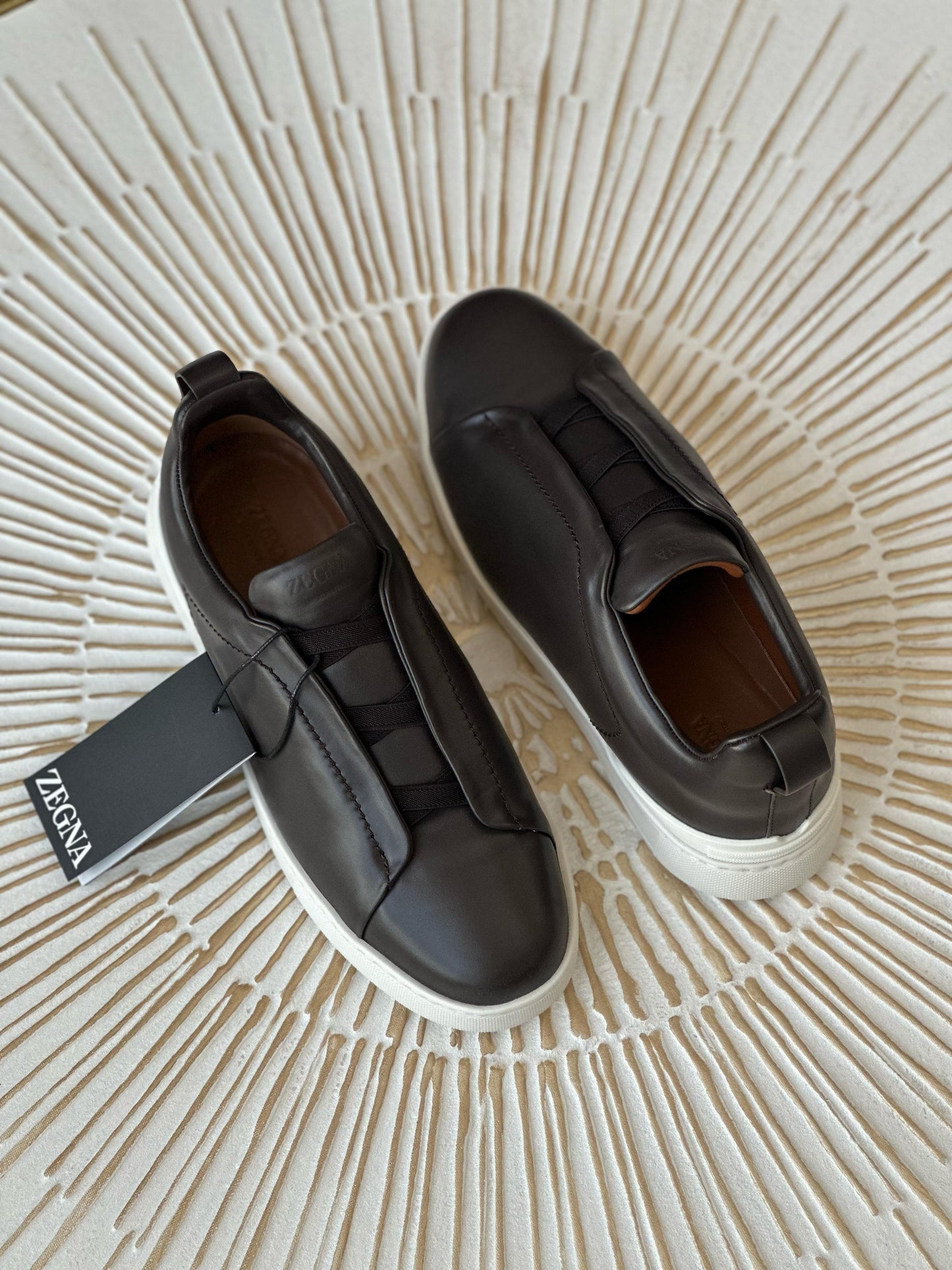 Zegna Triple Stitch Low-Top Sneakers – Black Calf Leather & White Rubber Sole