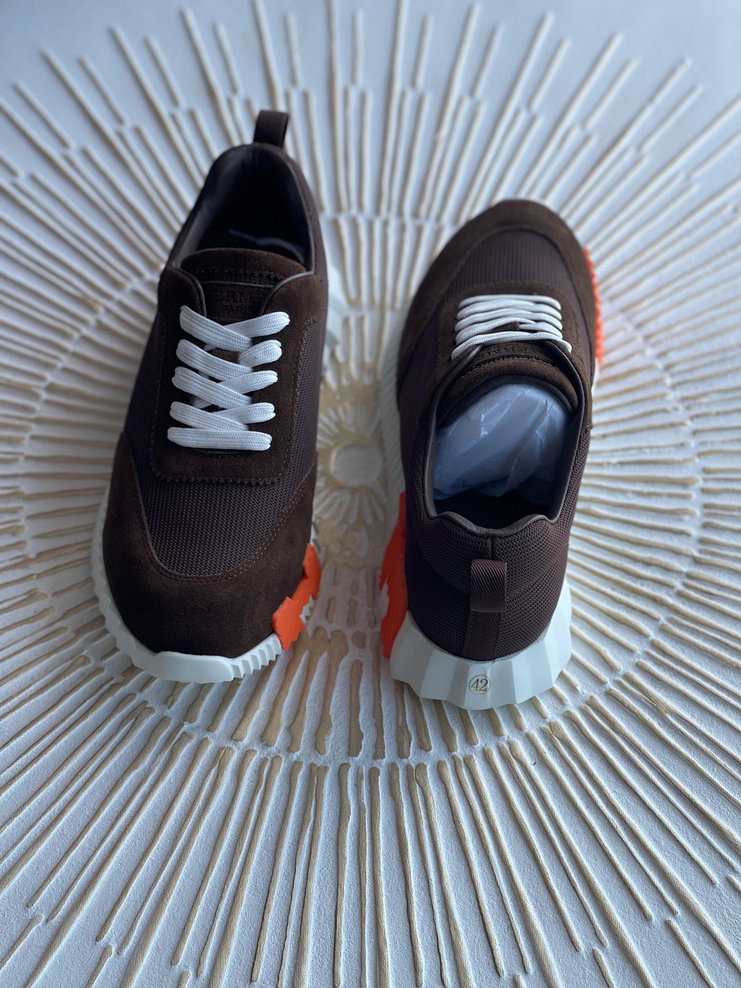 Hermès Bouncing Sneaker – Brown Mesh & Suede with Orange “H en biais” (Men’s)