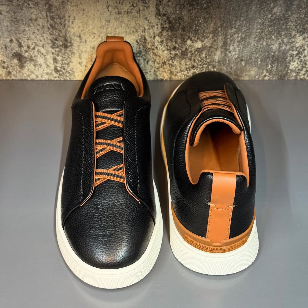 Zegna Triple Stitch Leather Slip-On Sneakers – Black Calfskin