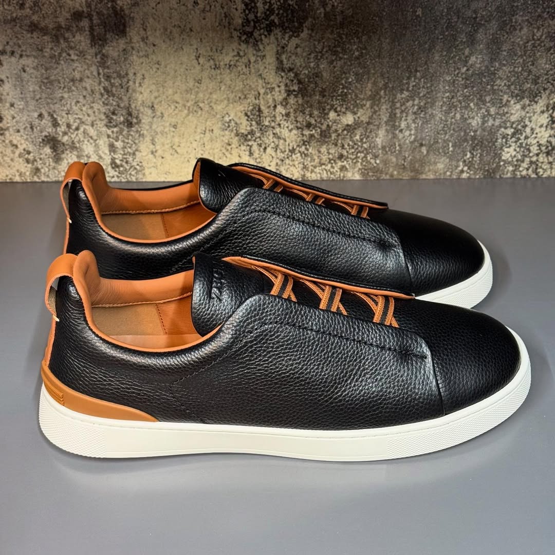 Zegna Triple Stitch Leather Slip-On Sneakers – Black Calfskin