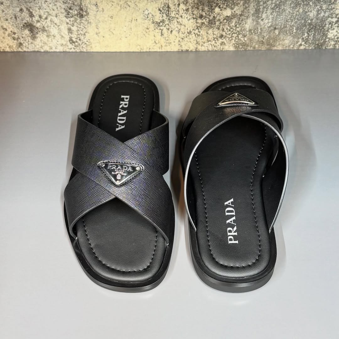 Prada Men's Black Saffiano Leather Crisscross Sandal