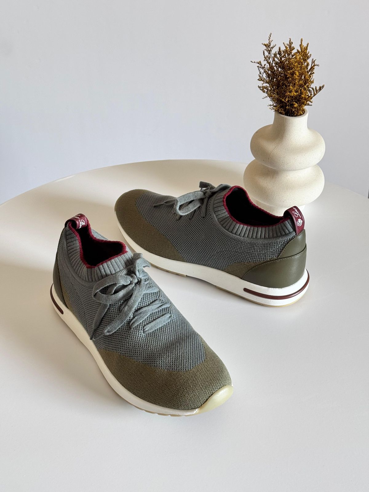 Loro Piana Olive Green Knit Fabric and Leather Low Top Sneakers Loro Piana