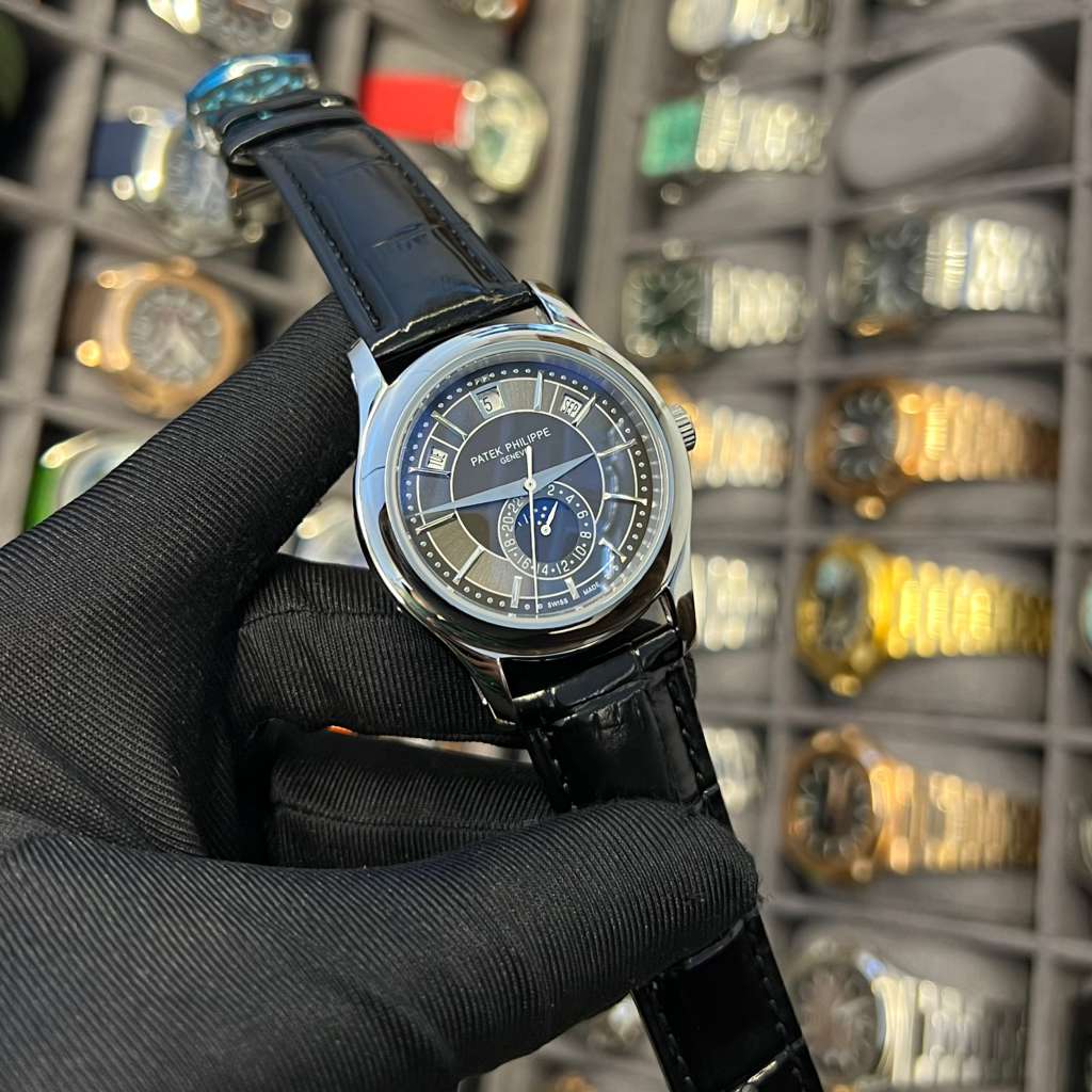 Patek Philippe Complications Annual Calendar Reference 5205G-013 With a Blue Sunburst Dlal and a Black Alligator Leather Strap