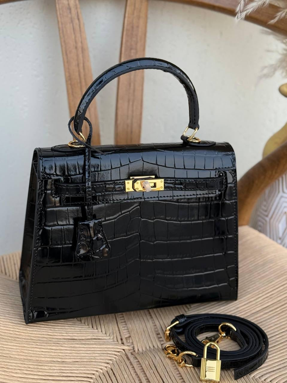 Black Hermés Kelly Mini Croco Top Handle Bag