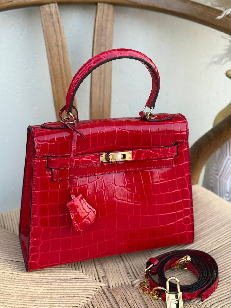 Gilt Tiffany & Fred Paris Alligator Embossed Leather Satchel