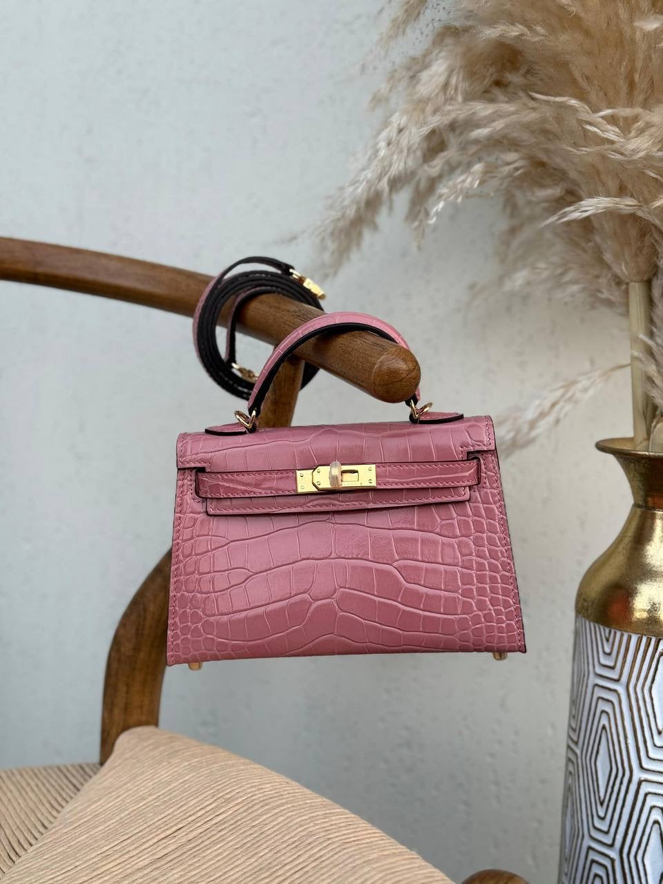 Hermés Mini Kelly Bag In Pink Crocodile Leather