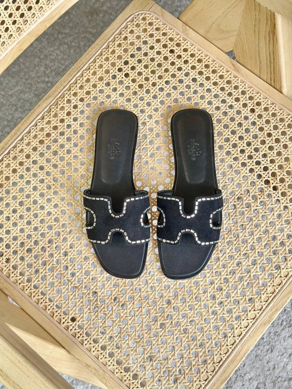Hermés Oran Sandals in Black Suede with Crystal Embellishments