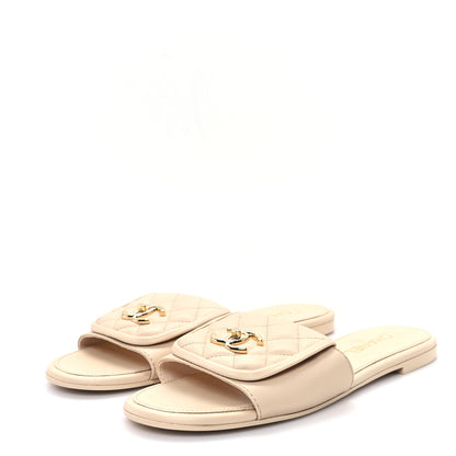 Chanel Quilted CC Slide Sandals in Beige