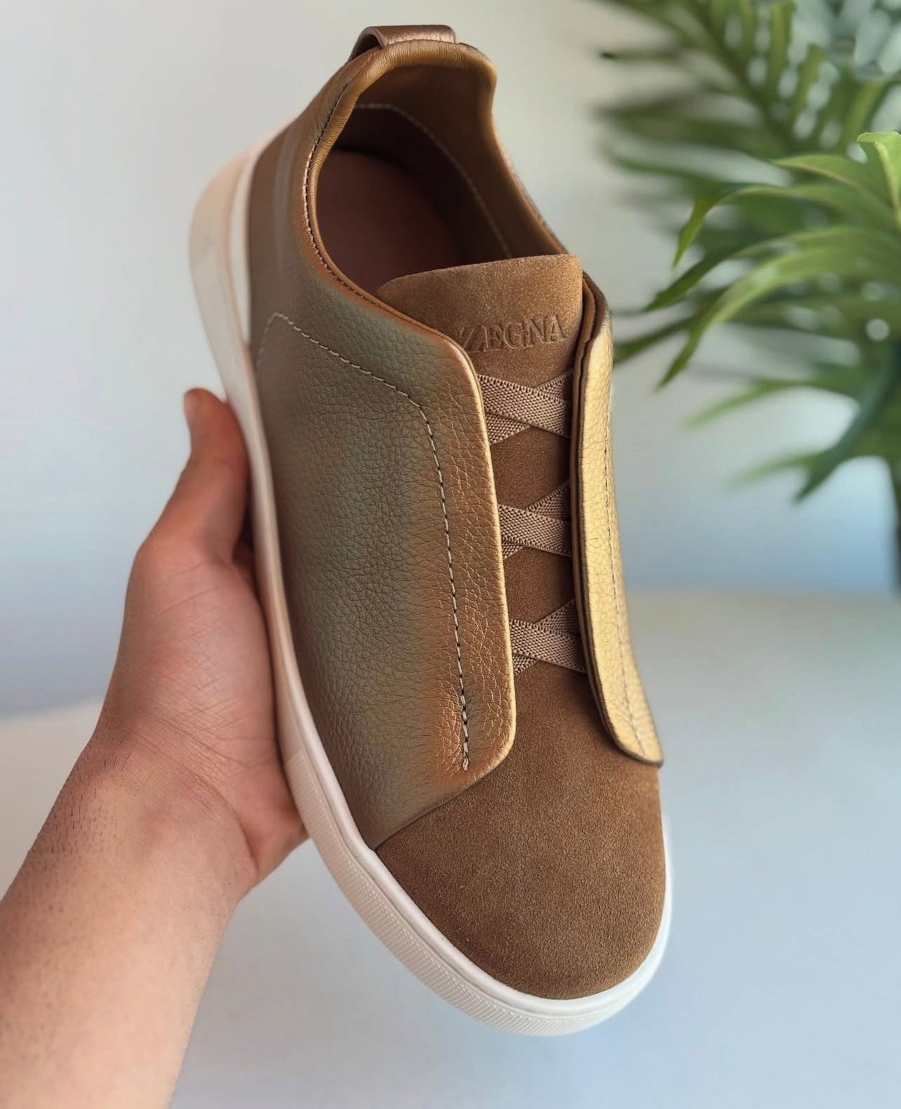 Zegna Brown Leather and Suede Triple Stitch Sneakers