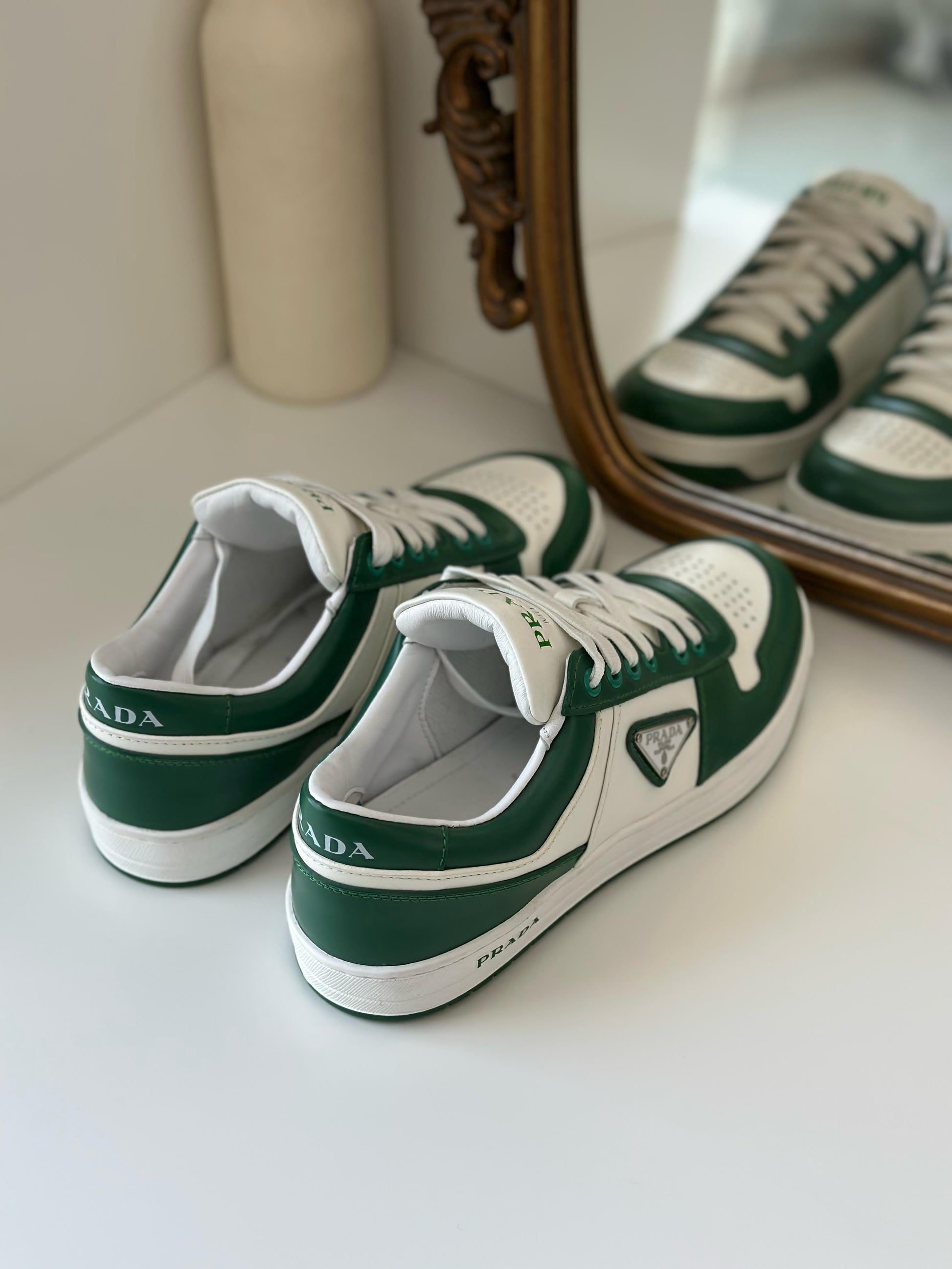 Prada Downtown Sneakers – Green & White Calf Leather 2EE364
