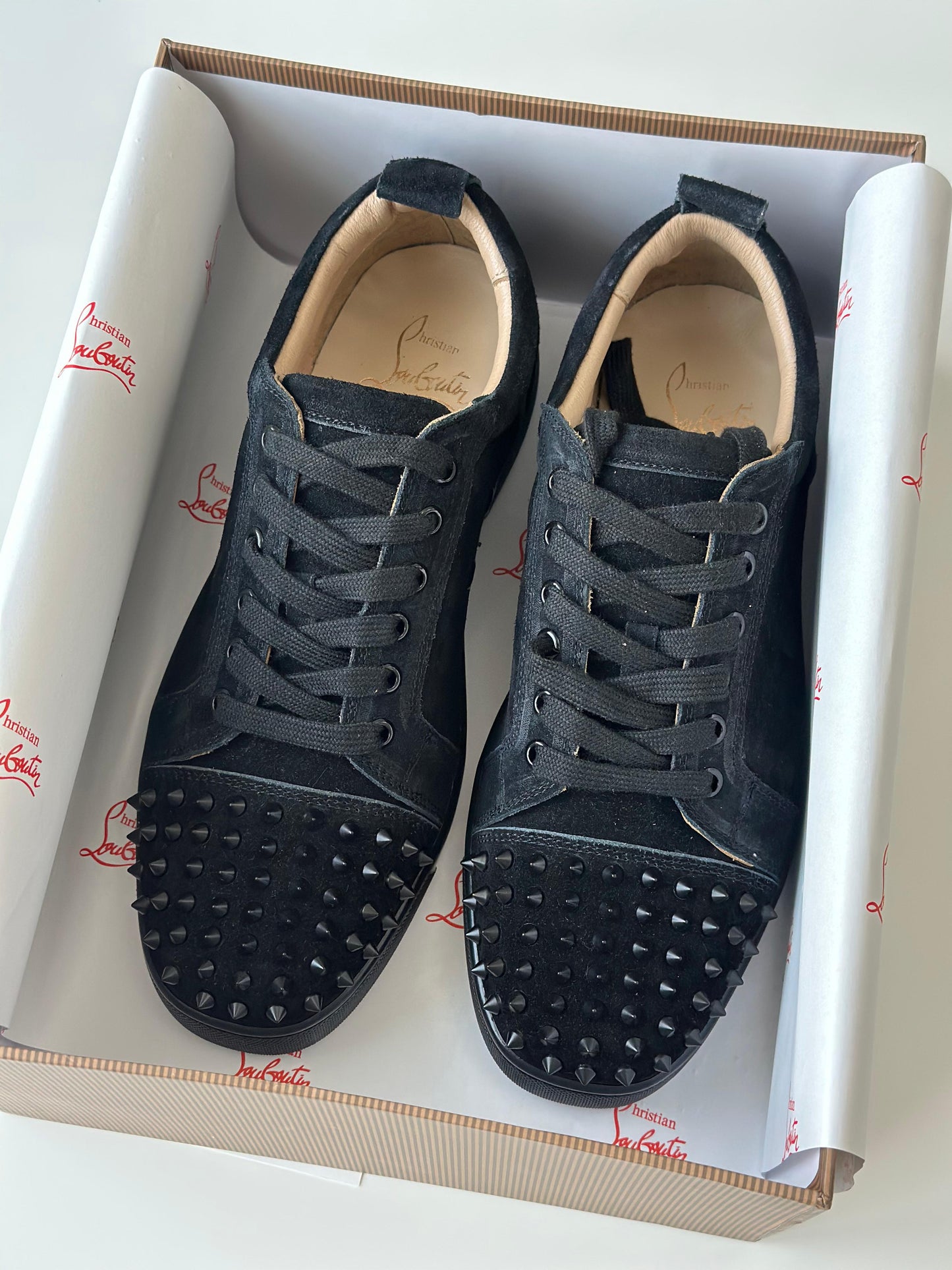 Christian Louboutin Vieira 2 Sneakers – Black Veau Velours with Glossy Spike Embellishments