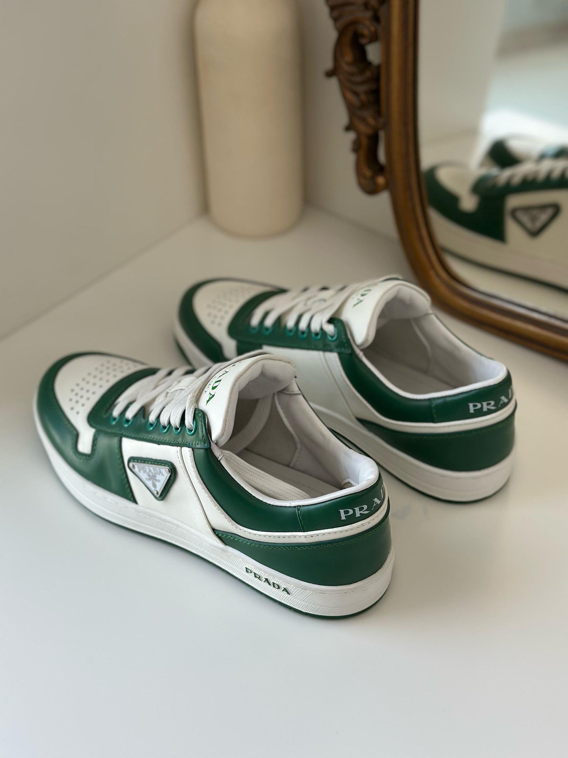 Prada Downtown Sneakers – Green & White Calf Leather 2EE364