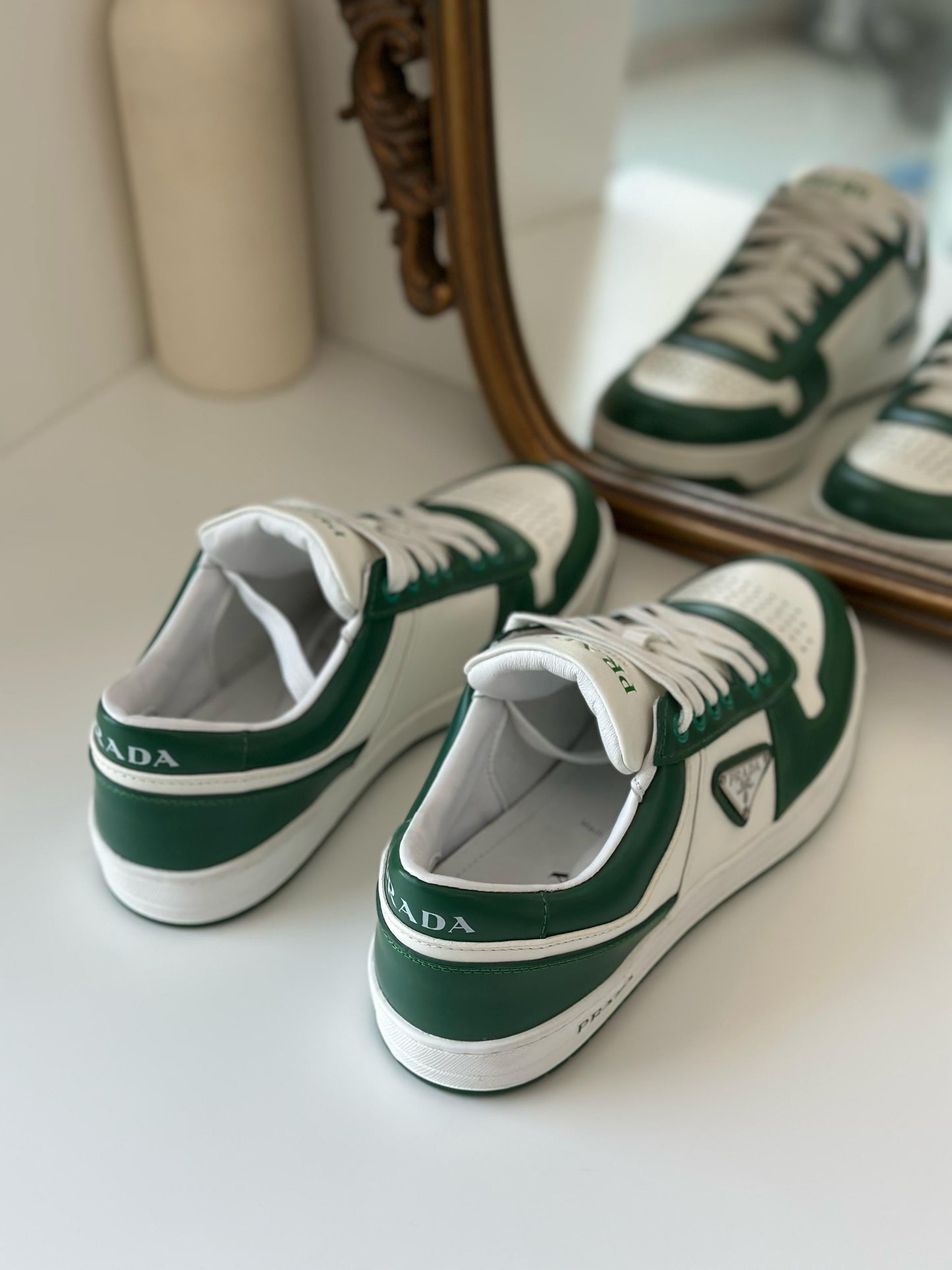 Prada Downtown Sneakers – Green & White Calf Leather 2EE364