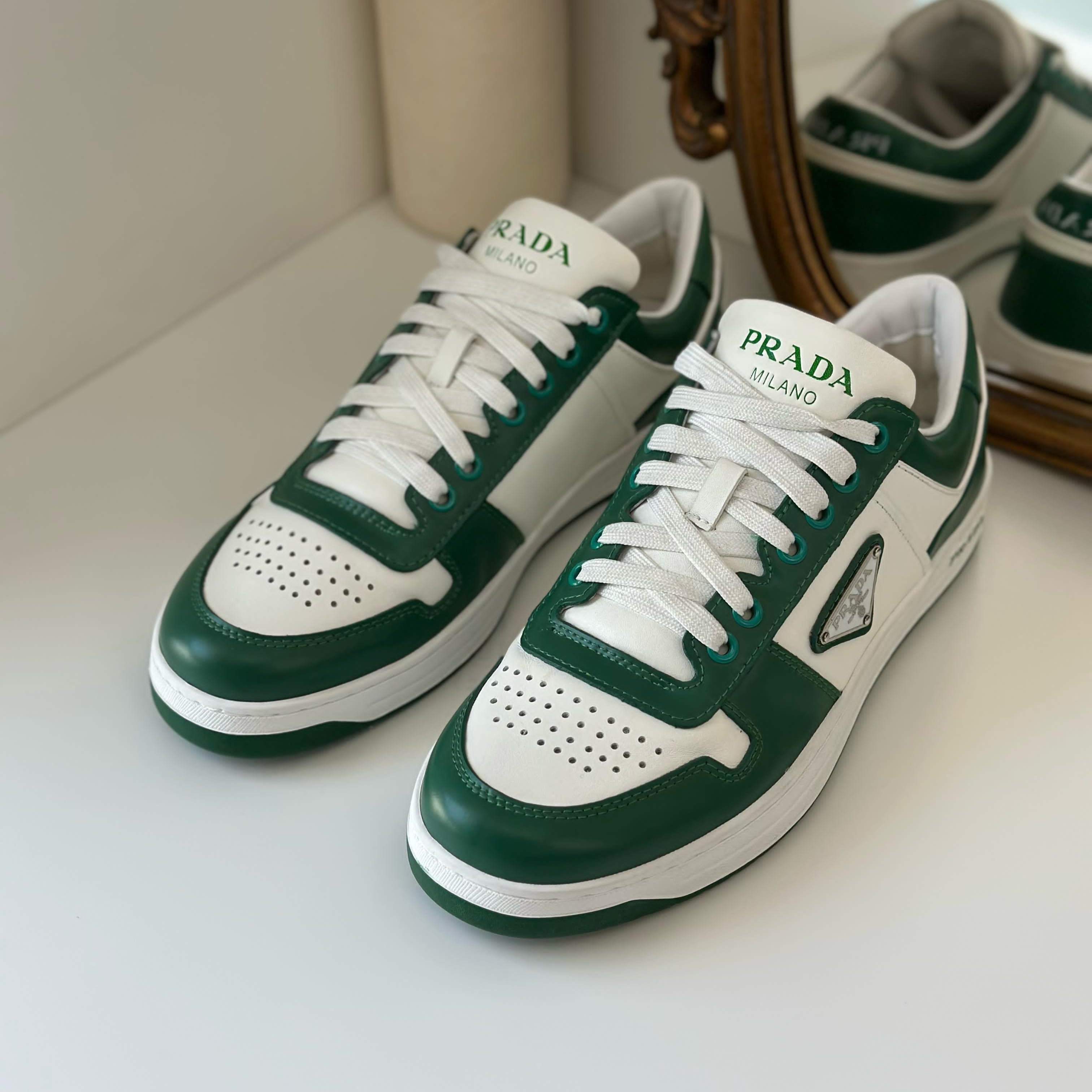 Prada Downtown Sneakers – Green & White Calf Leather 2EE364
