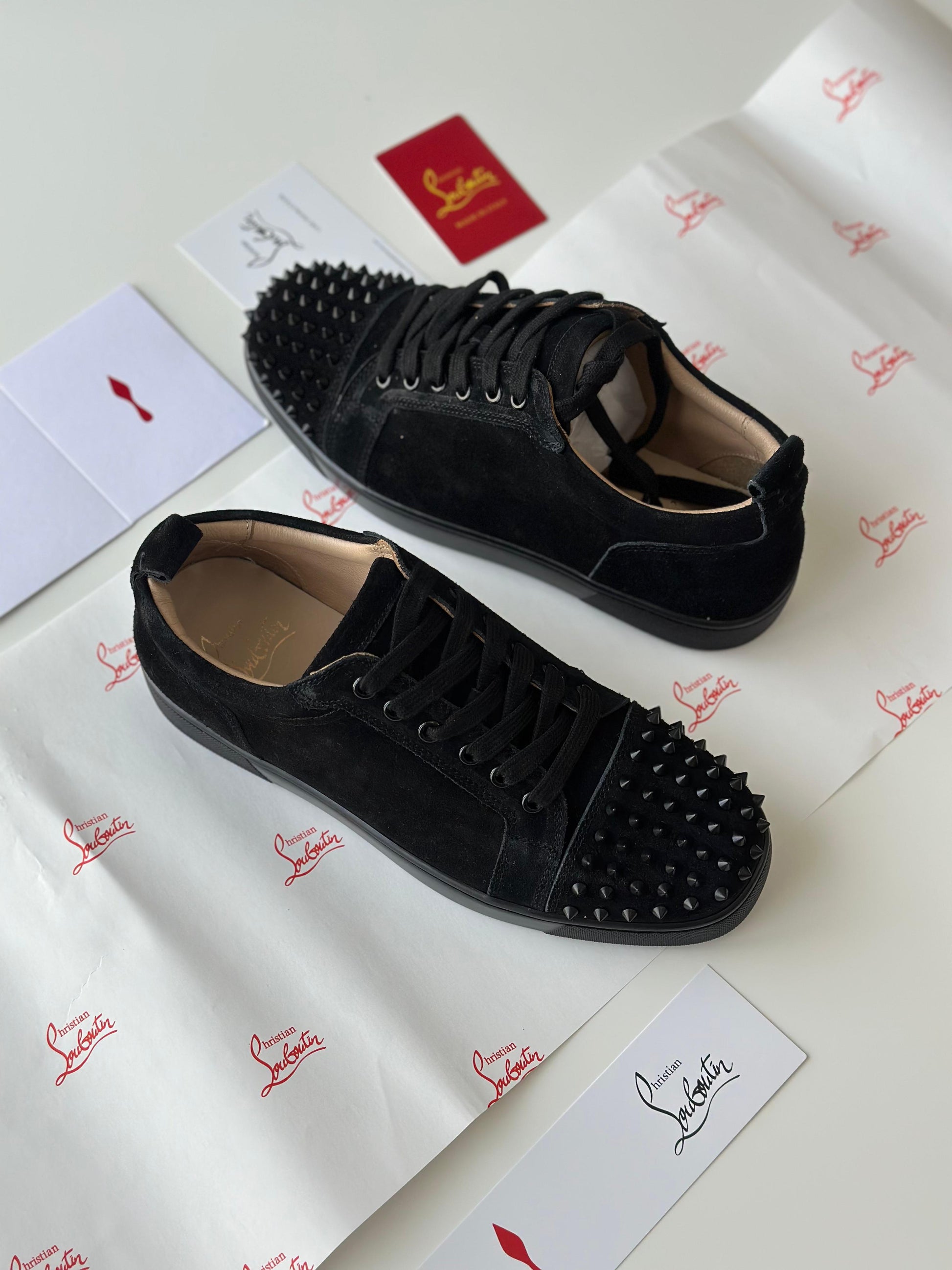 Christian Louboutin Vieira 2 Sneakers – Black Veau Velours with Glossy Spike Embellishments