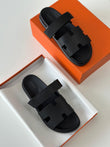 Hermès Chypre Sandal in Black Calfskin – Techno Slip-On with Adjustable H-Strap and Rubber Sole