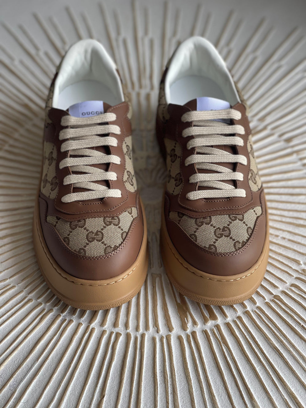 Gucci GG Canvas Leather-Trimmed Sneakers – Brown (Mytheresa)