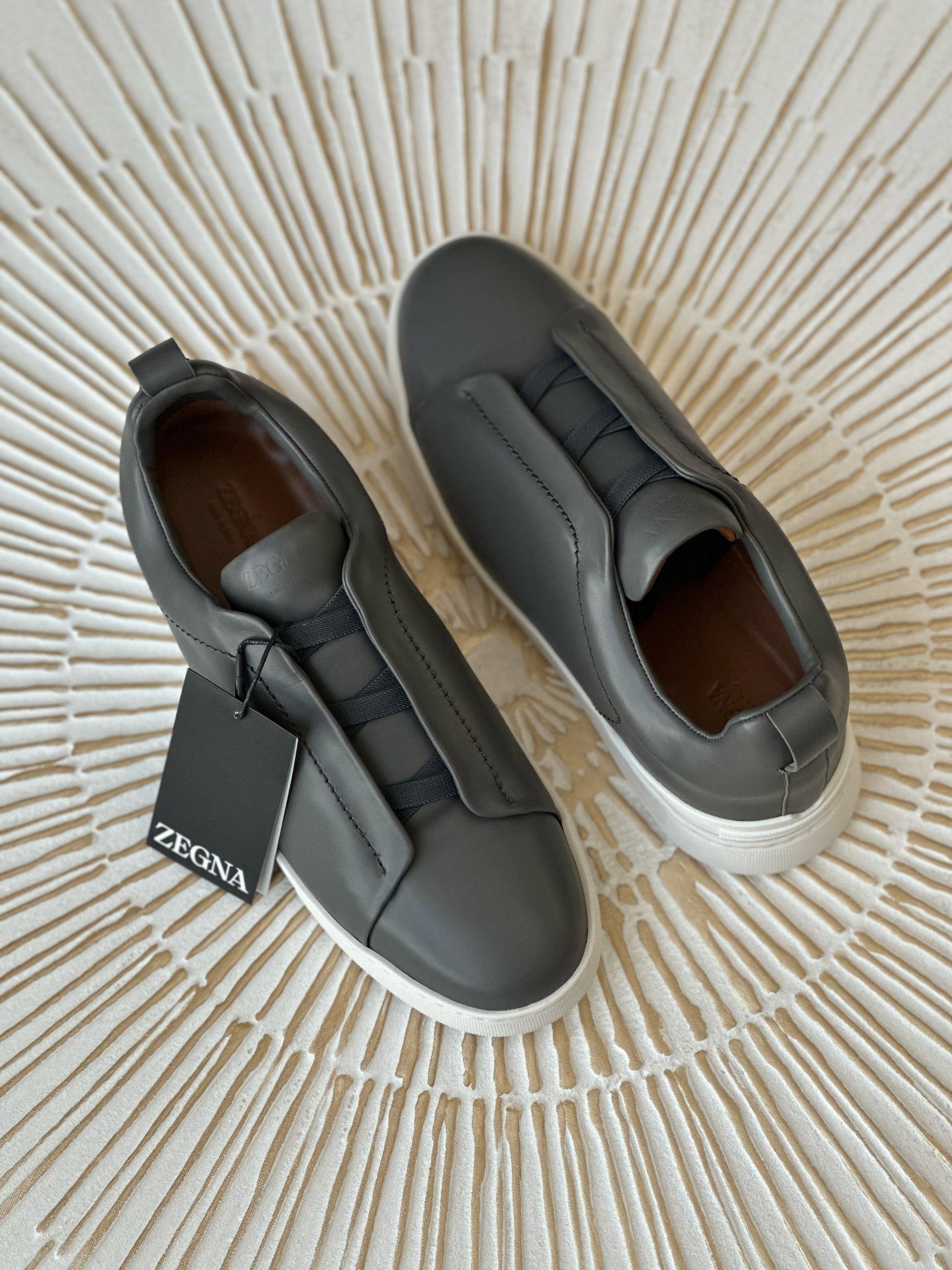 Zegna Triple Stitch Leather Sneakers | Carbon Black