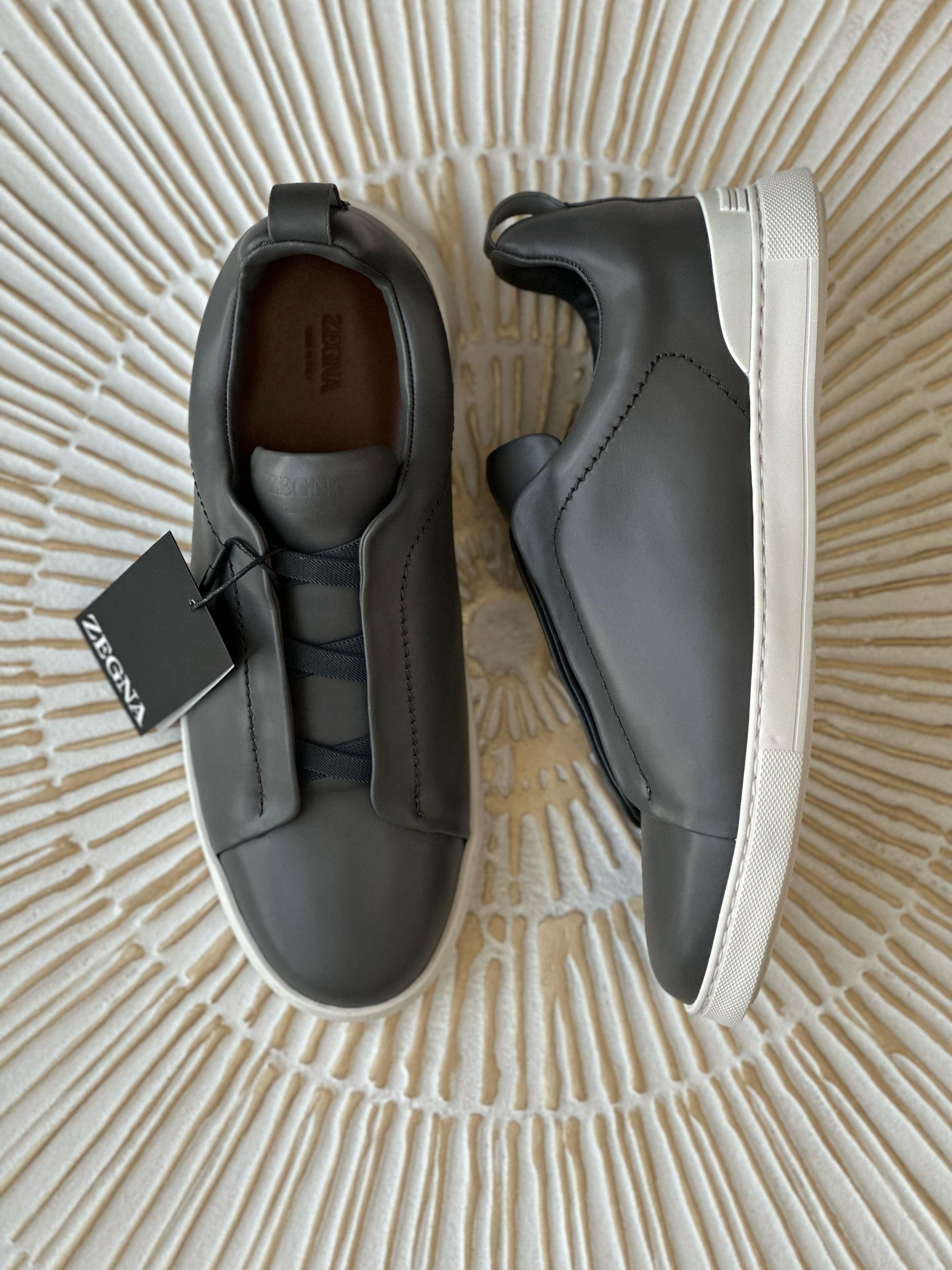 Zegna Triple Stitch Leather Sneakers | Carbon Black