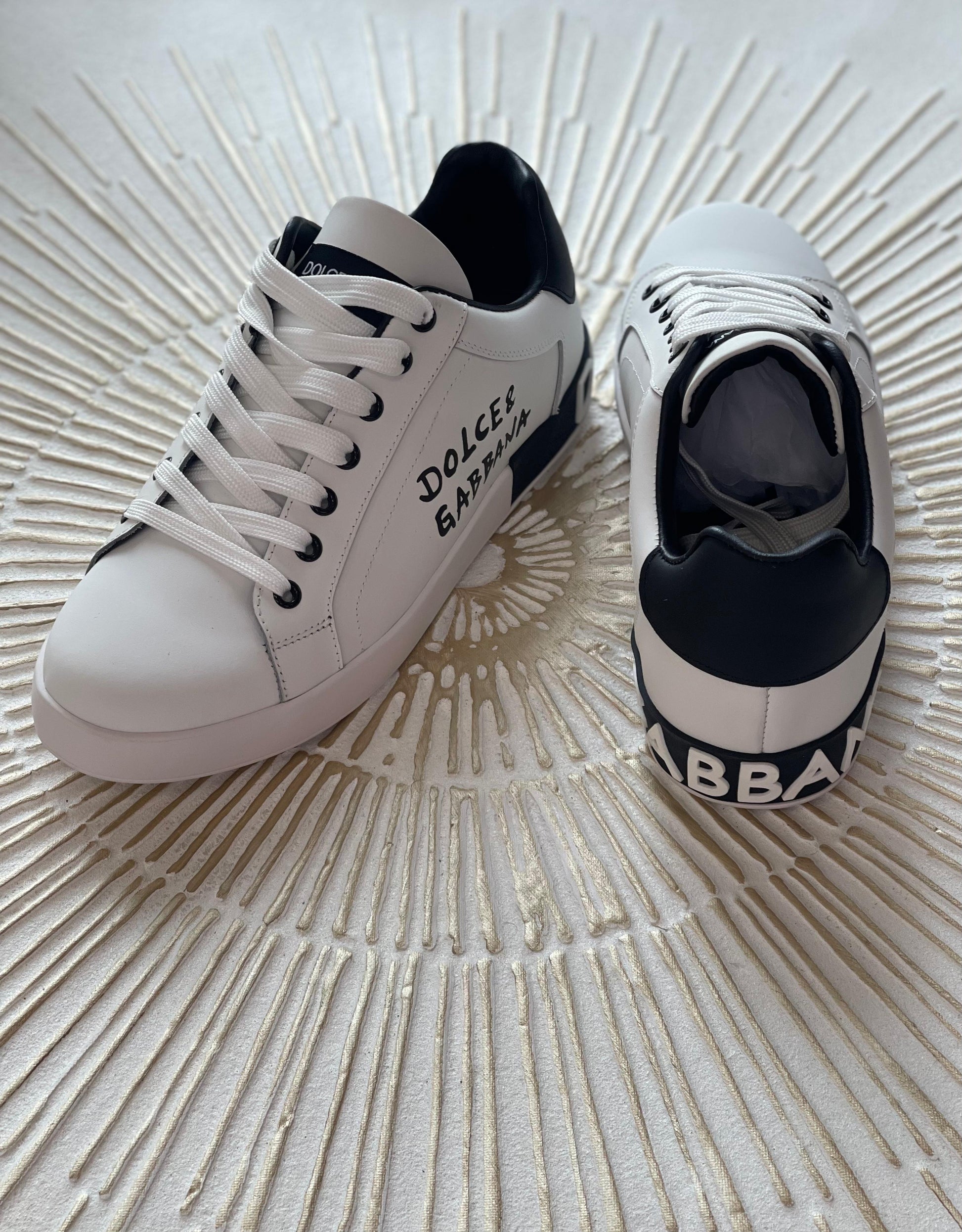 Dolce & Gabbana Portofino Sneakers – White Calfskin with Black Logo Panel (Men’s/Women’s)