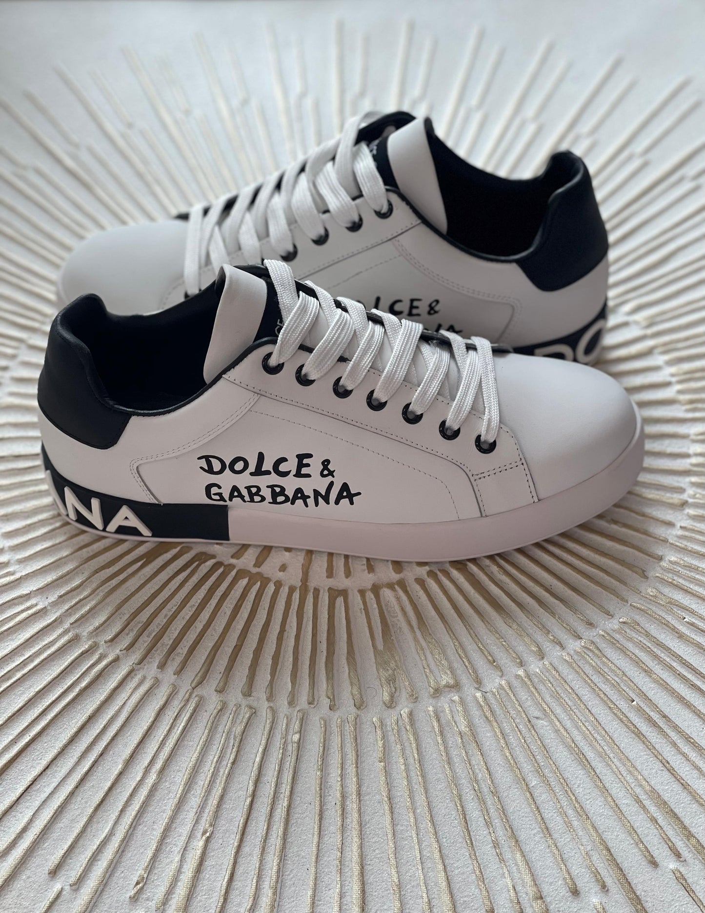 Dolce & Gabbana Portofino Sneakers – White Calfskin with Black Logo Panel (Men’s/Women’s)