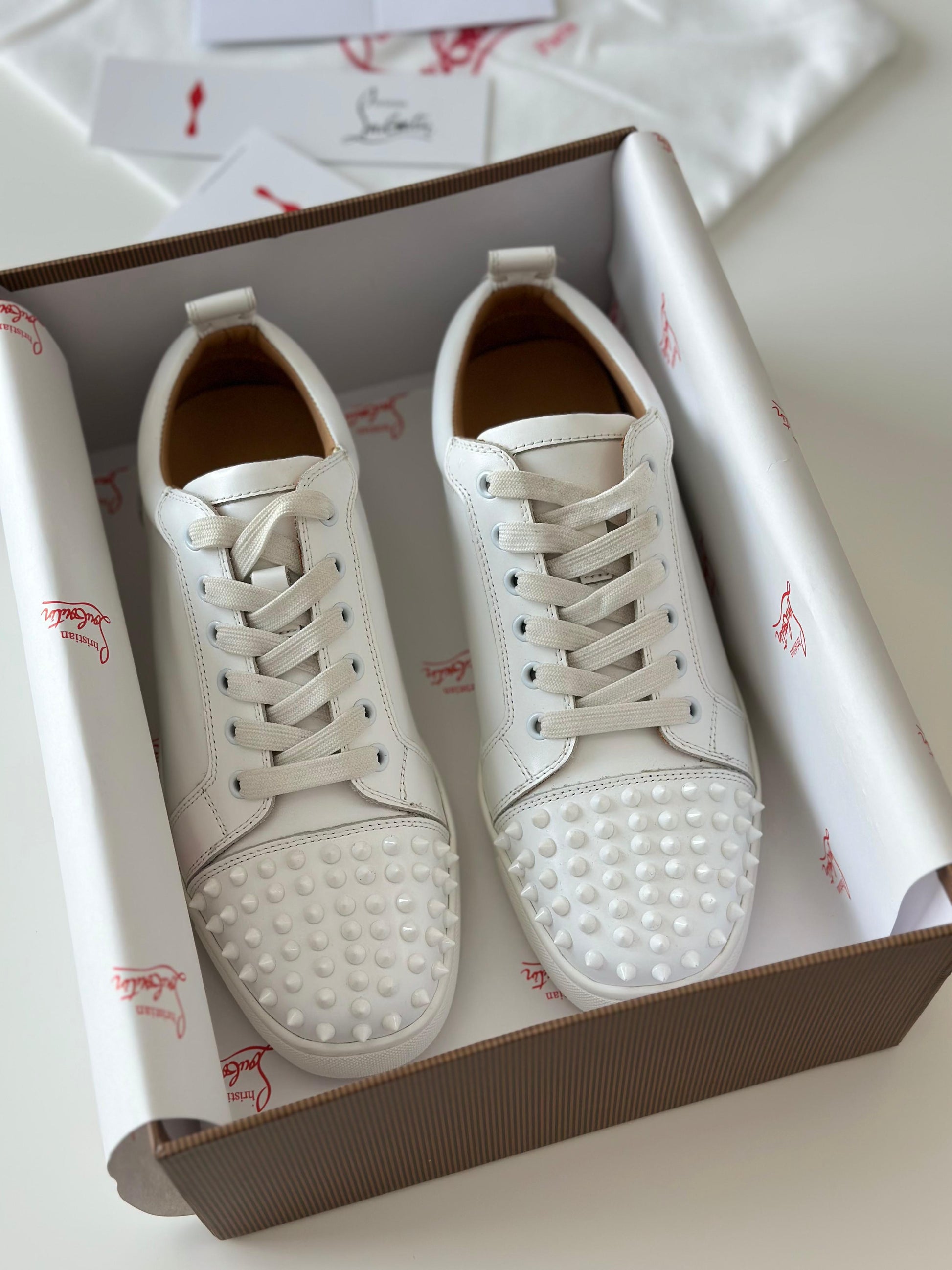 Christian Louboutin Louis Junior Spikes Sneakers – White Calf Leather with Toe Spikes