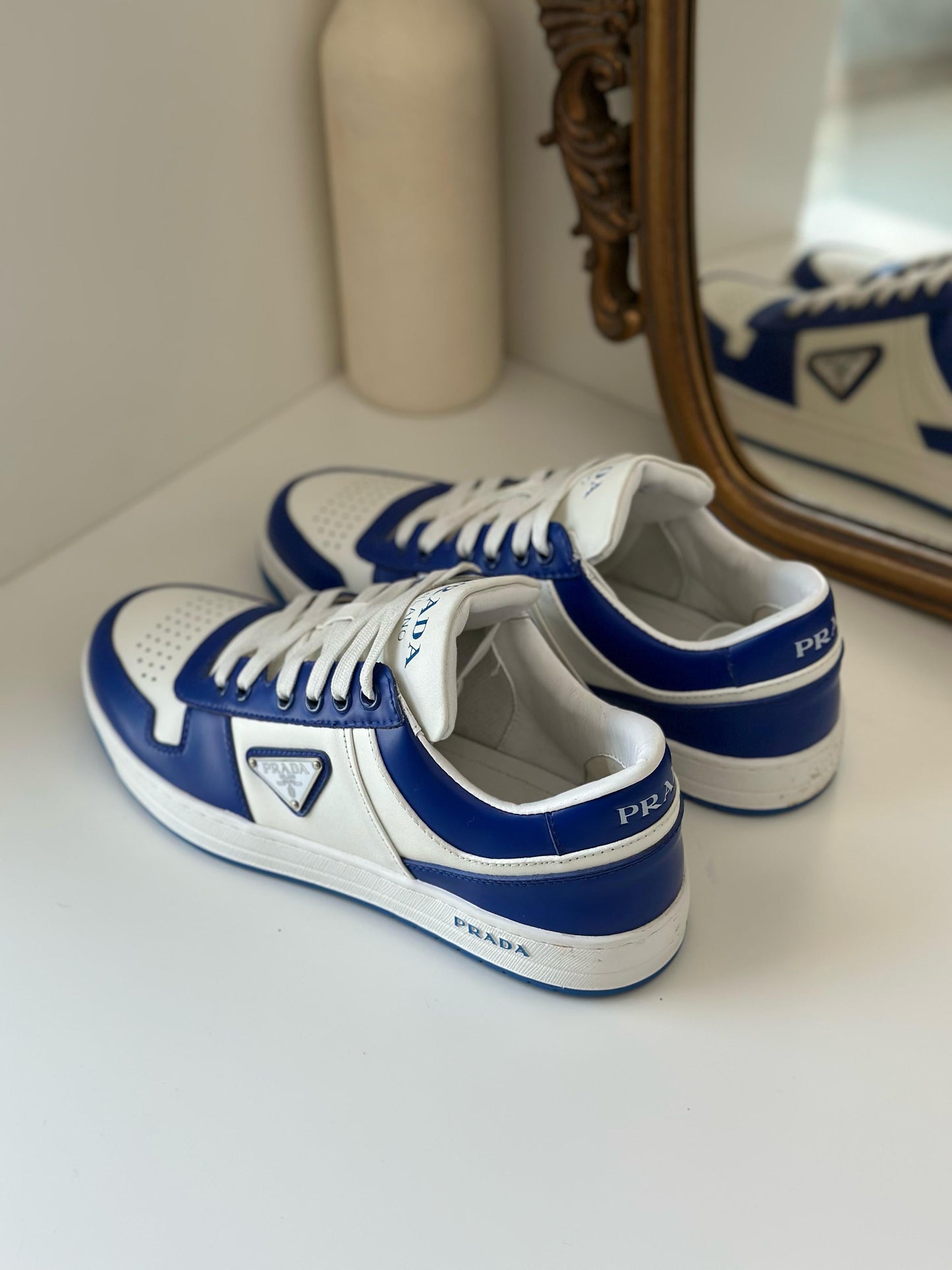Prada Downtown Sneakers – White & Blue Calf Leather 2EE364
