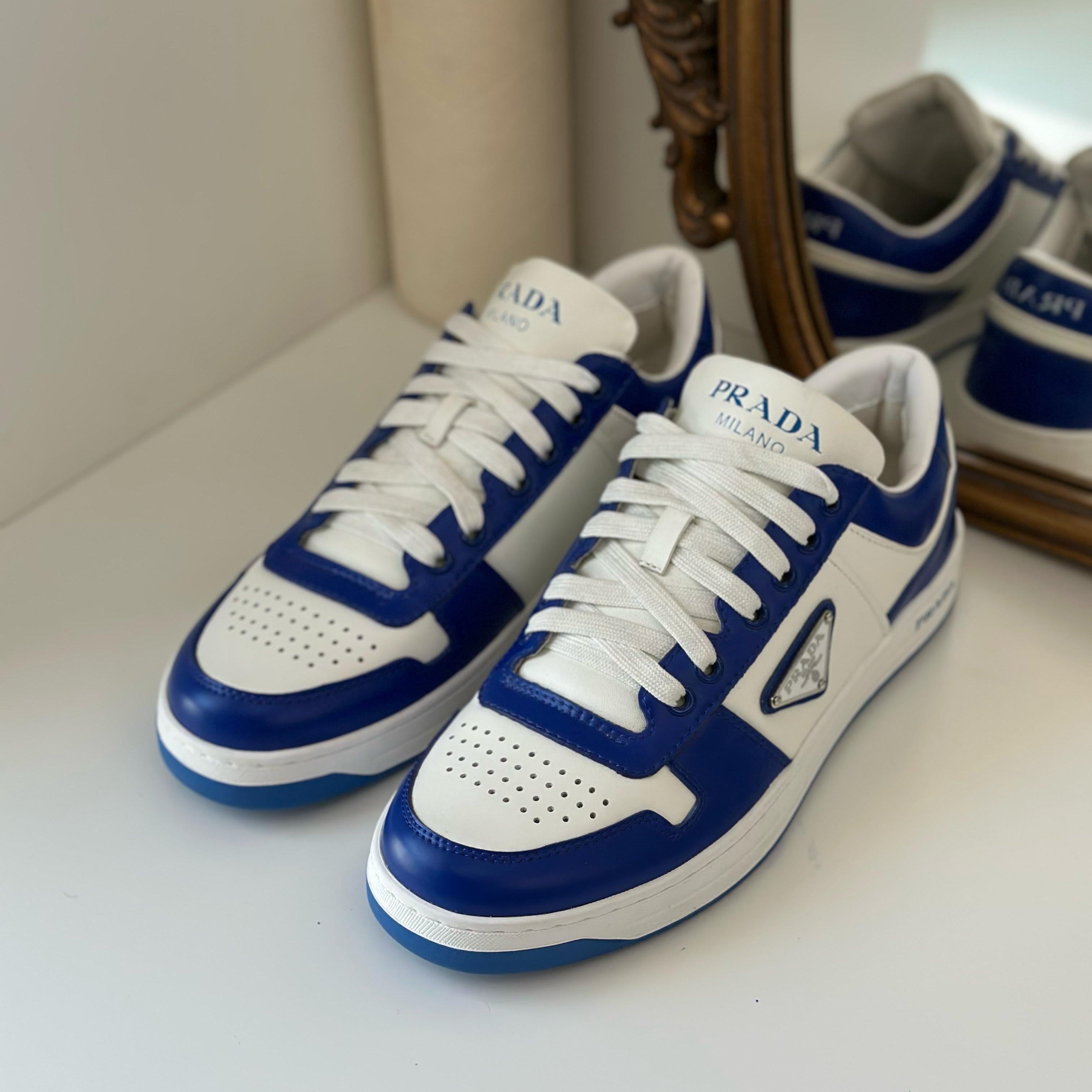 Prada Downtown Sneakers – White & Blue Calf Leather 2EE364