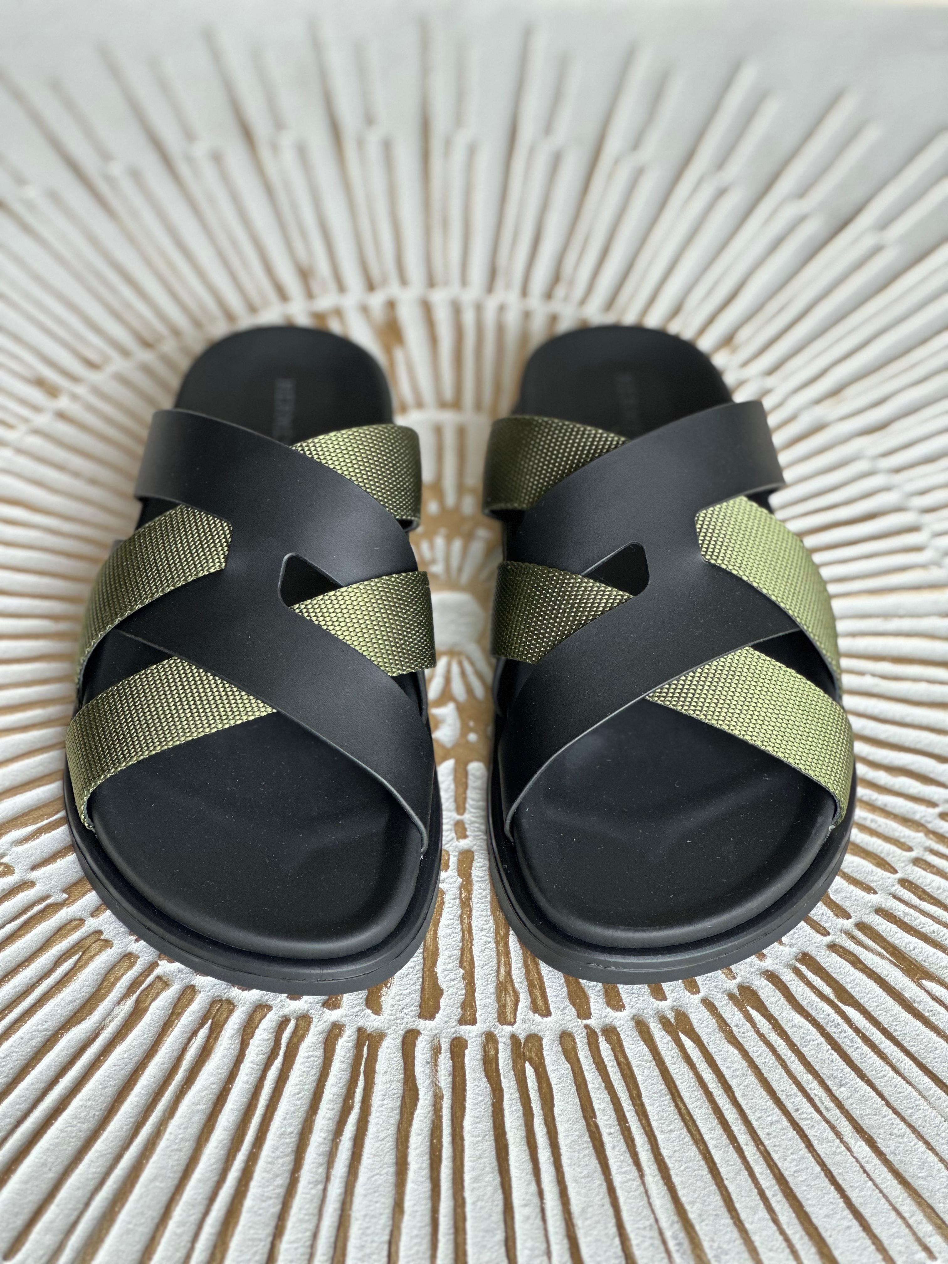 Hermès Chypre Sandal – Black Calfskin Base with Green Adjustable Strap (Mainland China Collection)