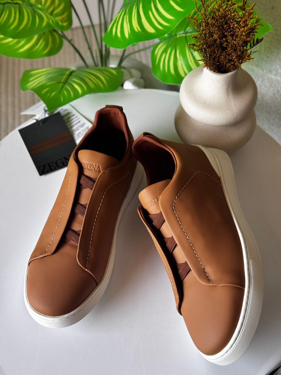 Zegna Triple Stitch™ SecondSkin™ Sneakers – Brown Calf Leather Slip-On )