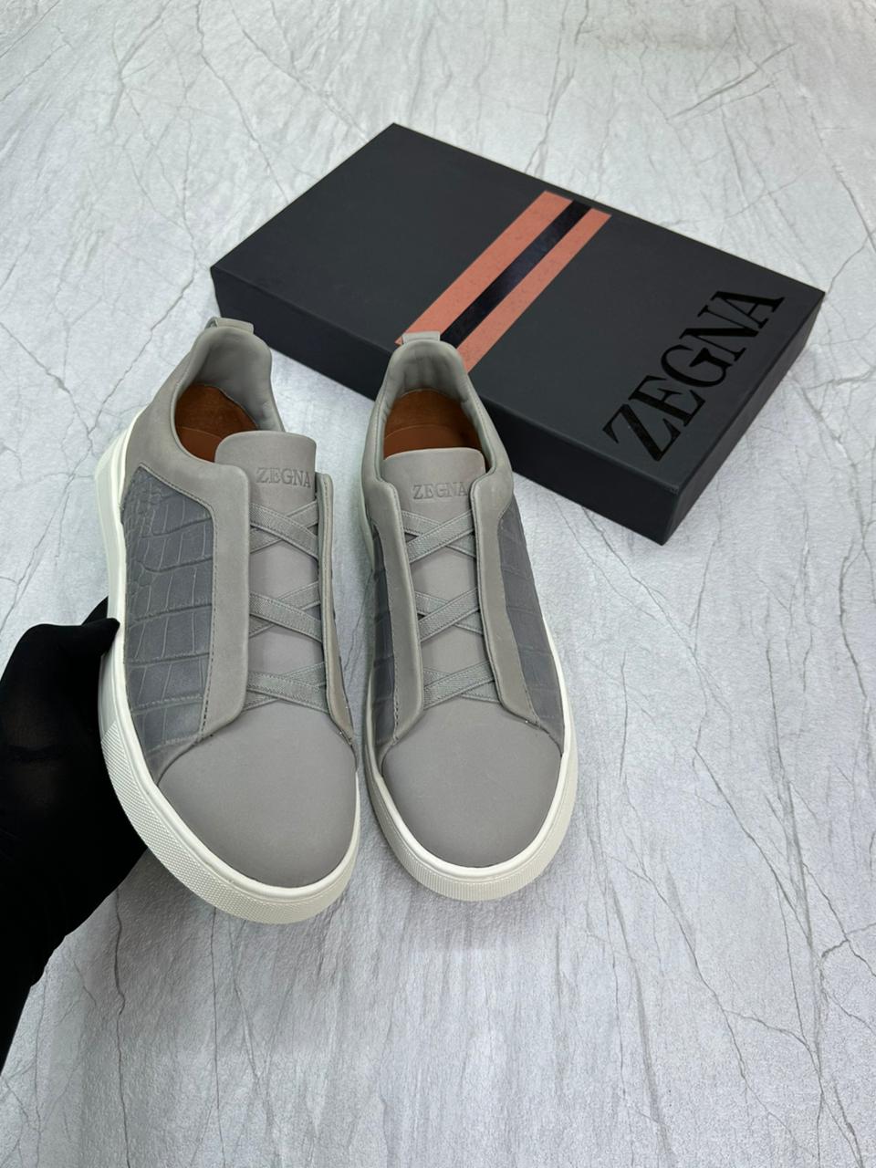 Zegna Crocodile Leather Triple Stitch™ SecondSkin Sneakers – Grey