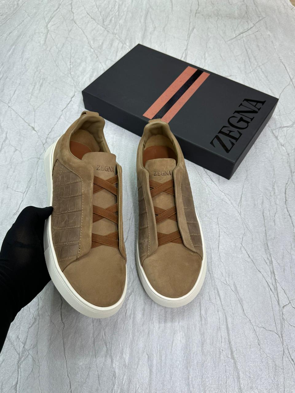 Zegna Brown Crocodile Leather Triple Stitch SECONDSKIN Sneakers