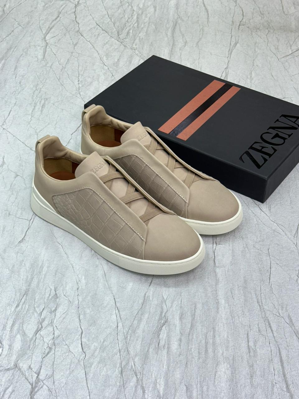 Zegna Crocodile Leather Triple Stitch™ Sneakers – Natural Luxurious Low-Tops