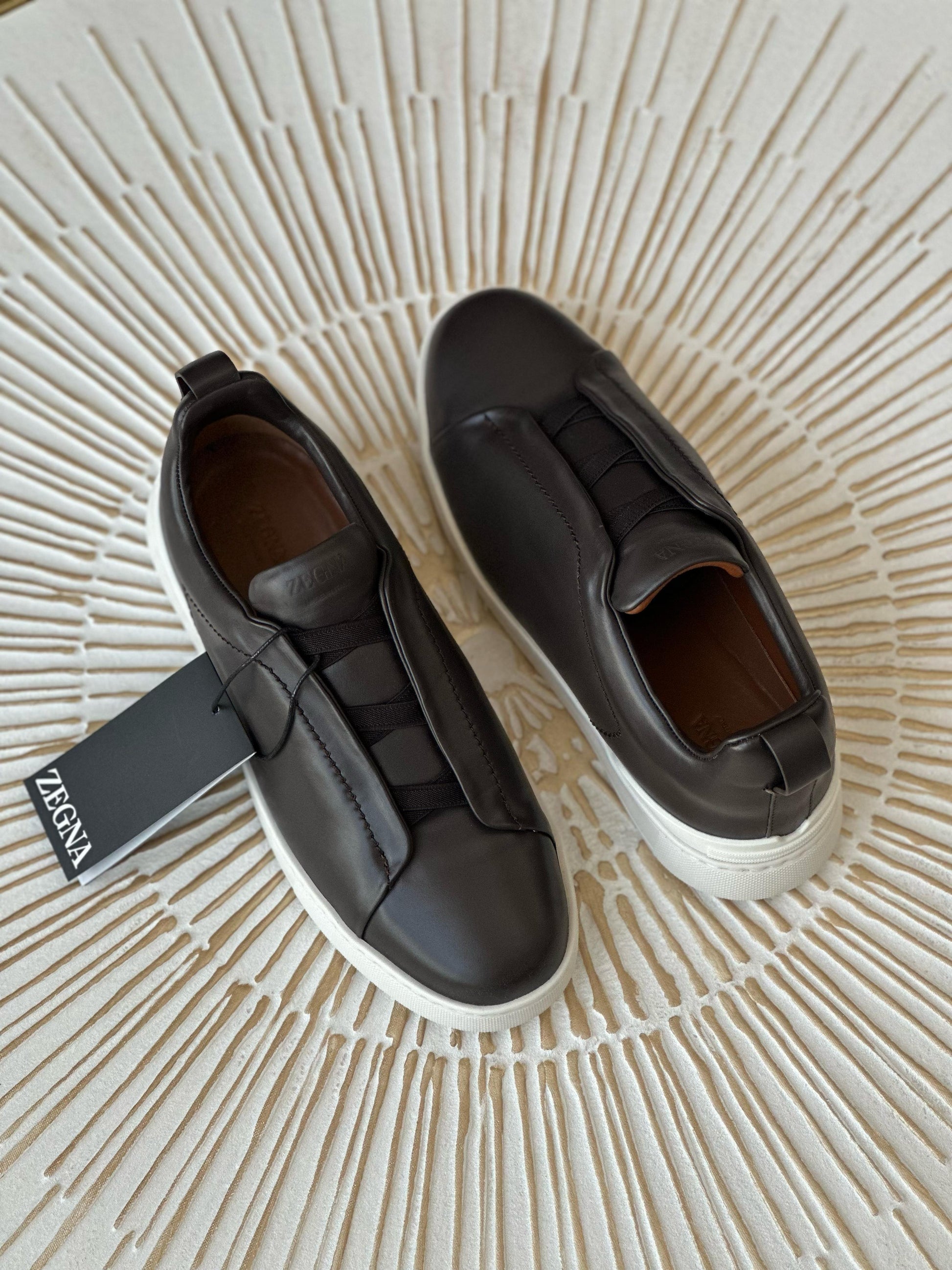 Zegna Triple Stitch Low-Top Sneakers – Black Calf Leather & White Rubber Sole