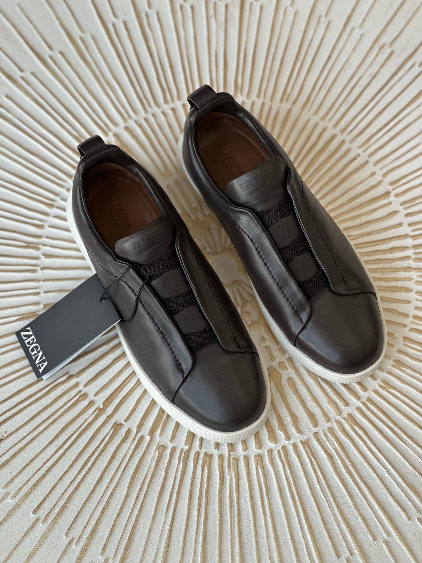 Zegna Triple Stitch Low-Top Sneakers – Black Calf Leather & White Rubber Sole