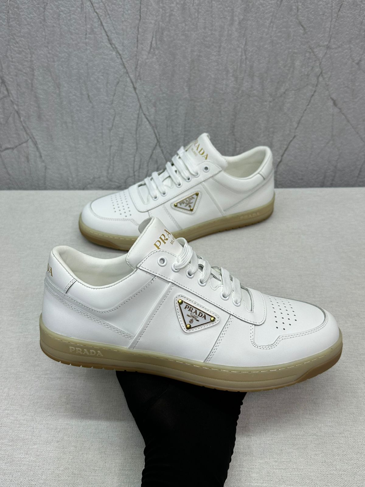 Prada Downtown Sneakers – White & Taupe Calf Leather (Neutral)