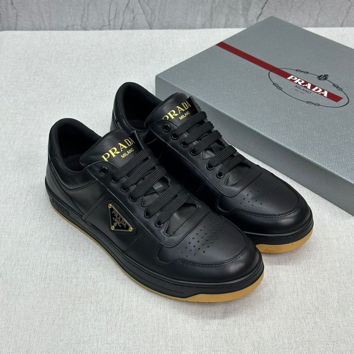 Prada Downtown Leather Sneakers – Black Calf Leather