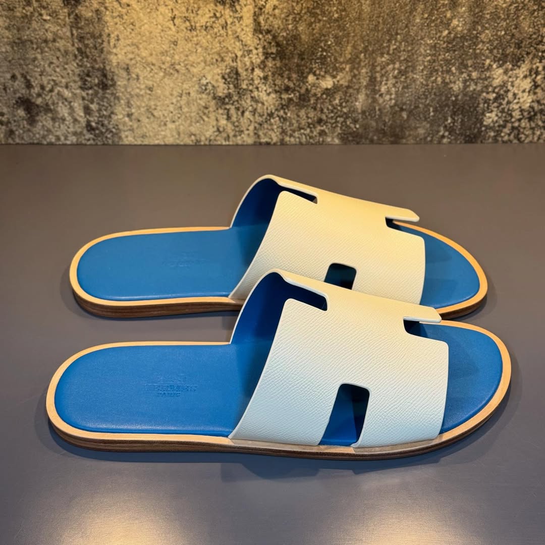 Hermes Lzmir Sandal Men's Blue and White Leather