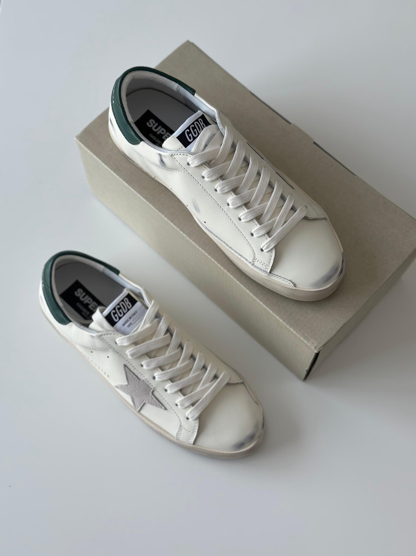 Golden Goose Super-Star Low-Top Sneakers – White Leather & Green Heel Tab (Men’s)
