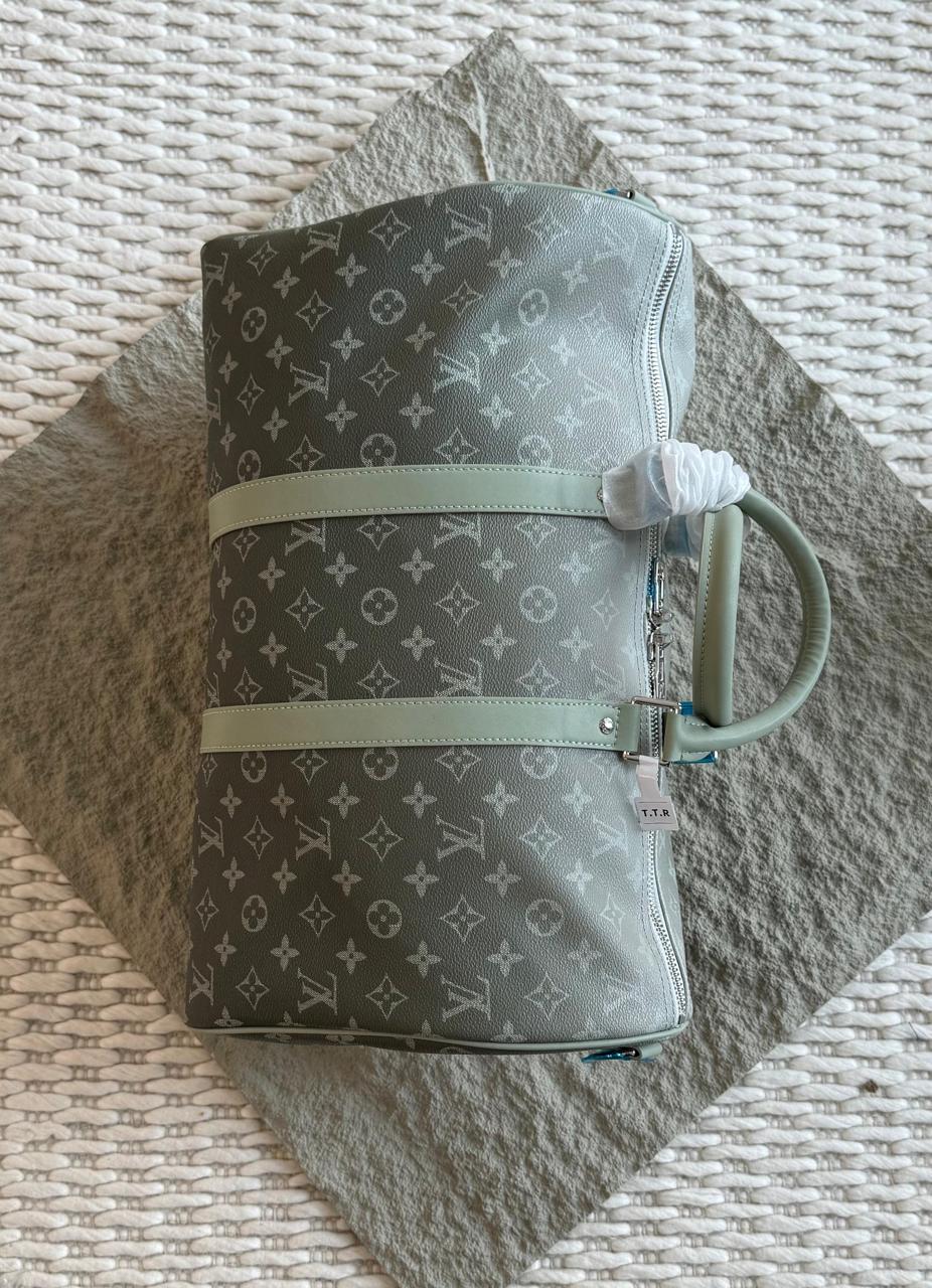 Louis Vuitton Keepall Bandouliére Travel Bag in a Gray and Black Monogram Pattern