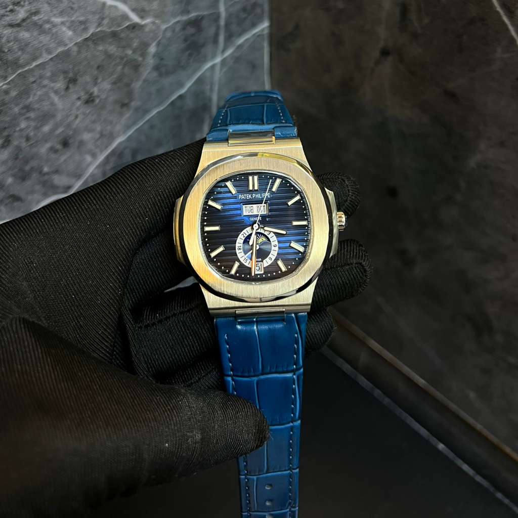 Patek Philippe Nautilus Watch with a Blue Dial and a Blue Leather Strap