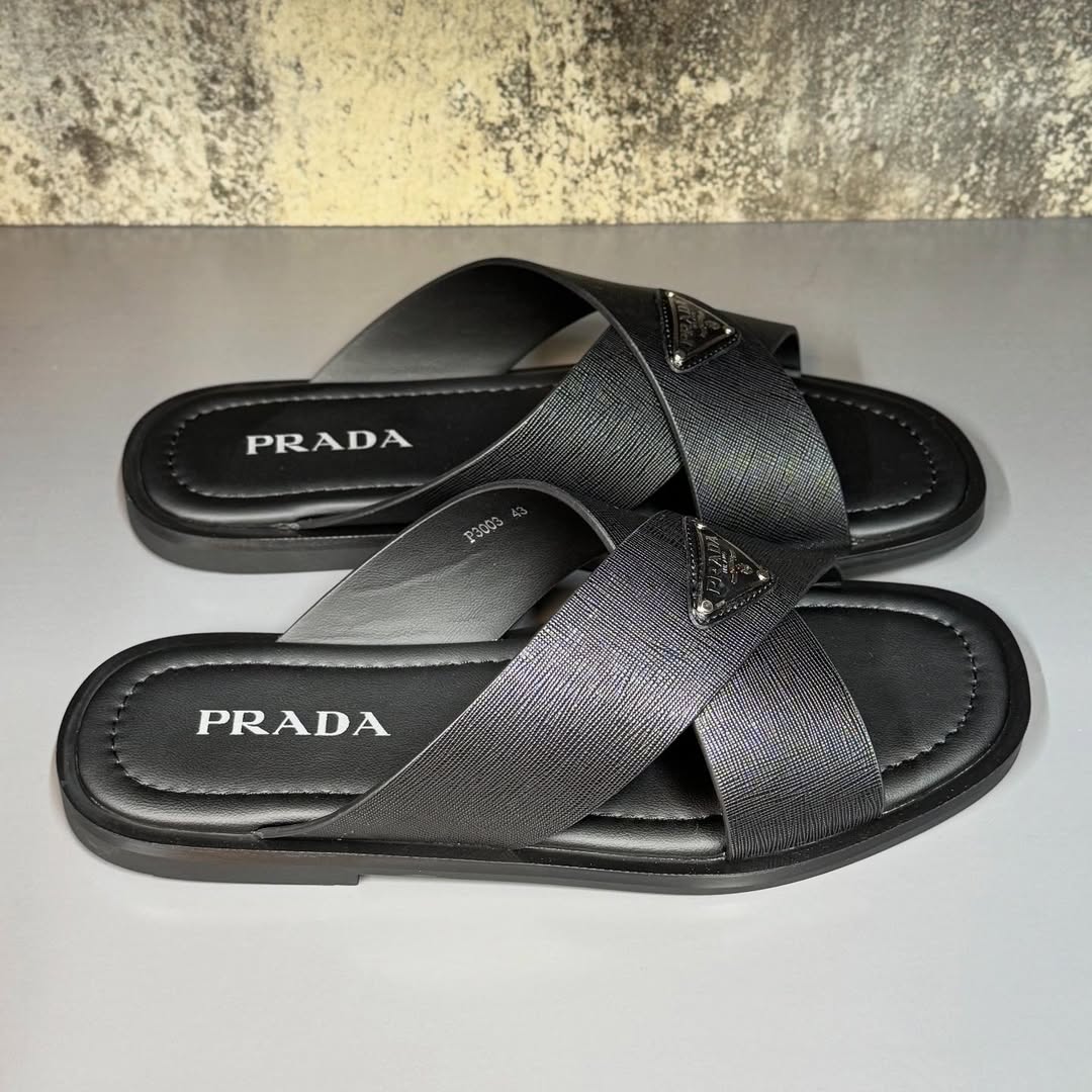 Prada Men's Black Saffiano Leather Crisscross Sandal