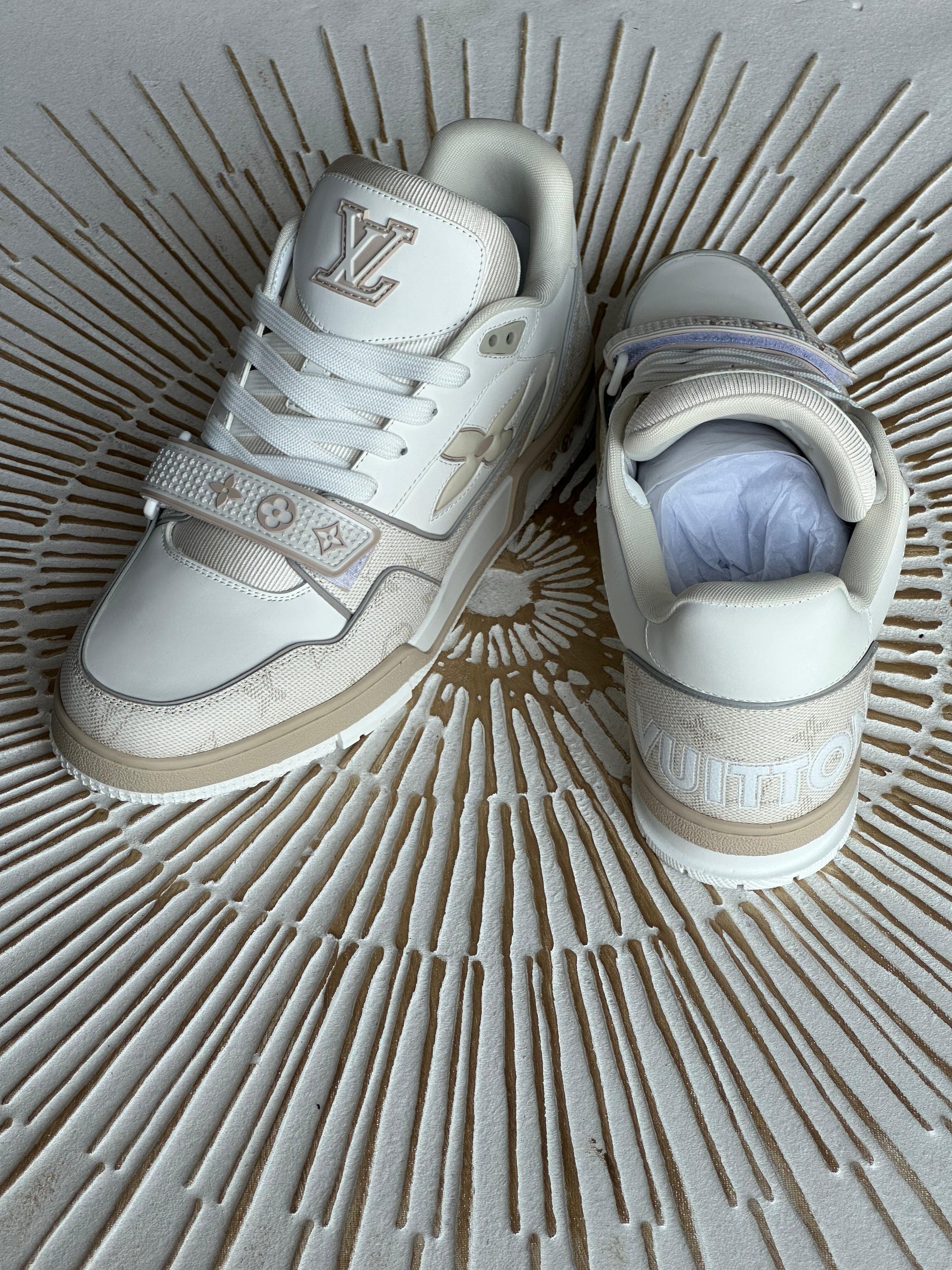 Louis Vuitton LV Trainer Sneaker – Beige Calf Leather & Denim (Style 1AHTUT, Men’s)