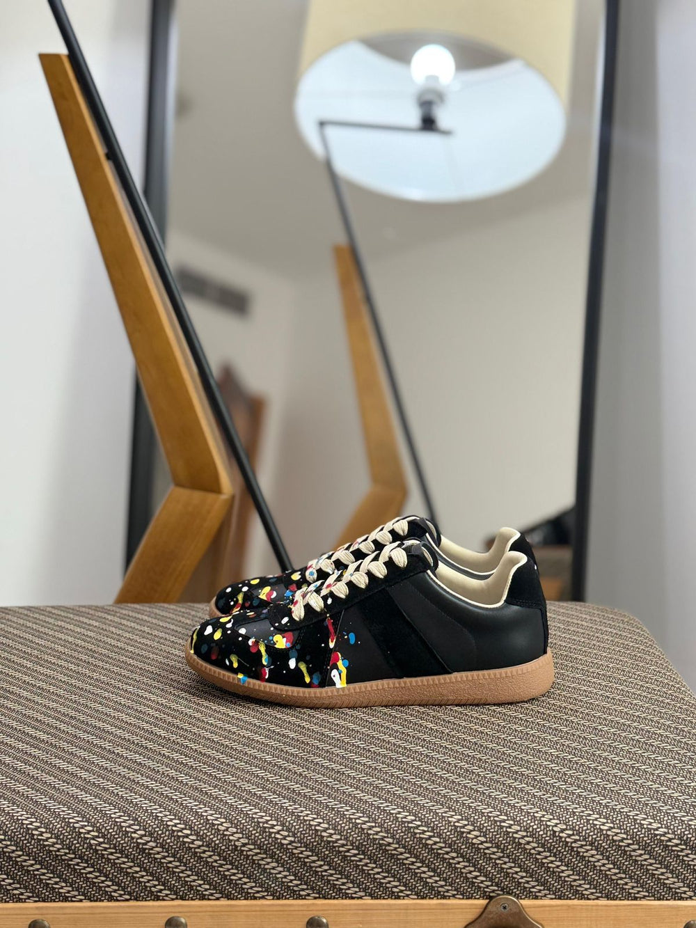 Maison Margiela Paint Low-Top Sneakers – Black Calf Leather (Paint Splatter)